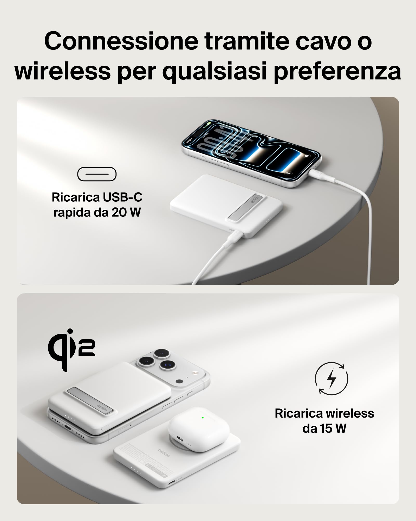 Belkin BoostCharge Power Bank Magnetico Sottile 5000mAh, Supporto - Bianco | Caricatore Portatile 5000mAh Wireless Qi2, Anello Magnetico, 1 USBC, Pre-Caricato, Leggero, Cavo Incluso, Sicuro per l'Aereo