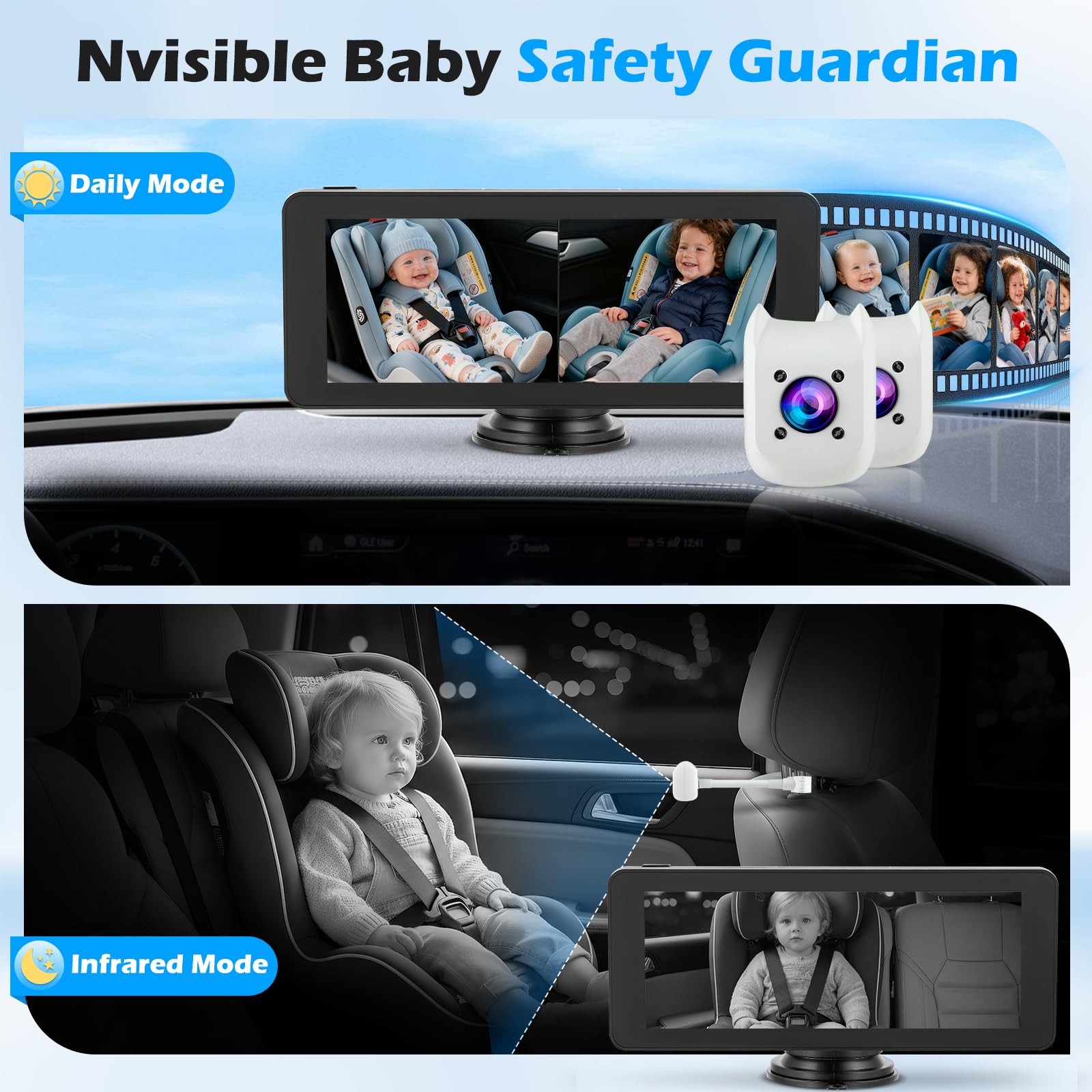 VeftBltrem 2-Kids Baby Car Camera for Seat with 7 Inch Ultrawide Display with Two Cameras Rear Facing - Image 4