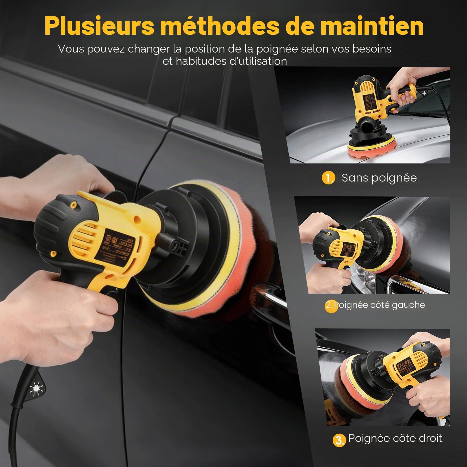 Lustreuse Polisseuse Voiture, 700W Polisseuse Voiture avec 6 Vitesses Réglable 600-3700 tr/min, Moteur Puissant, Poignée Amovible et 5 Tampons de Polissage Amovibles pour Polissage Voiture