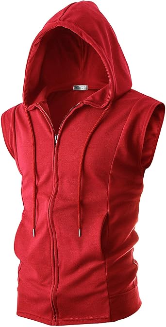 Ohoo Mens Slim Fit Sleeveless Lightweight Zip Up Hooded Sweatshirt Vest Hoodie