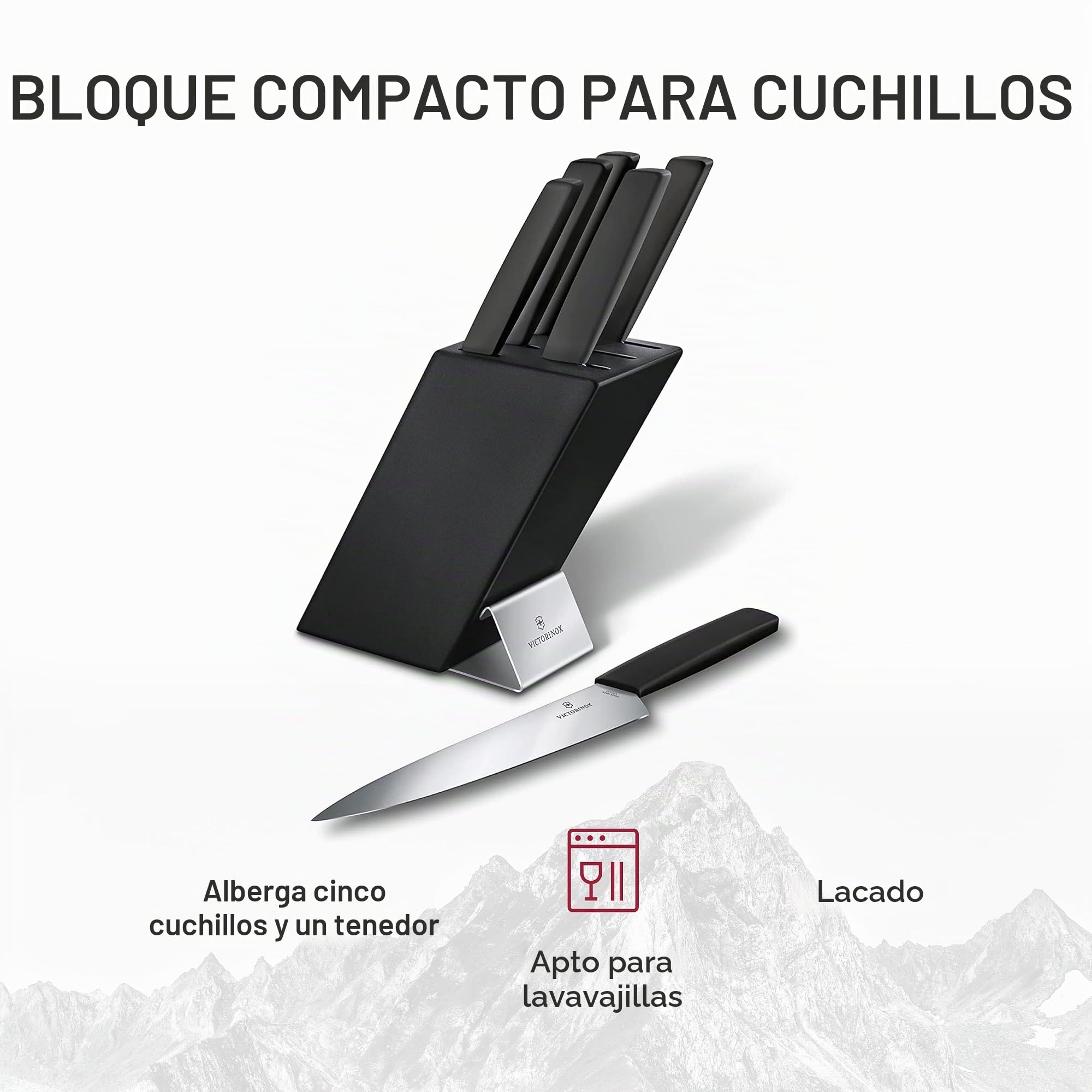 Victorinox Swiss Modern Soporte para 6 cuchillos, incluyendo 5 cuchillos de cocina y 1 tenedor, fabricado en madera de haya lacada en negro