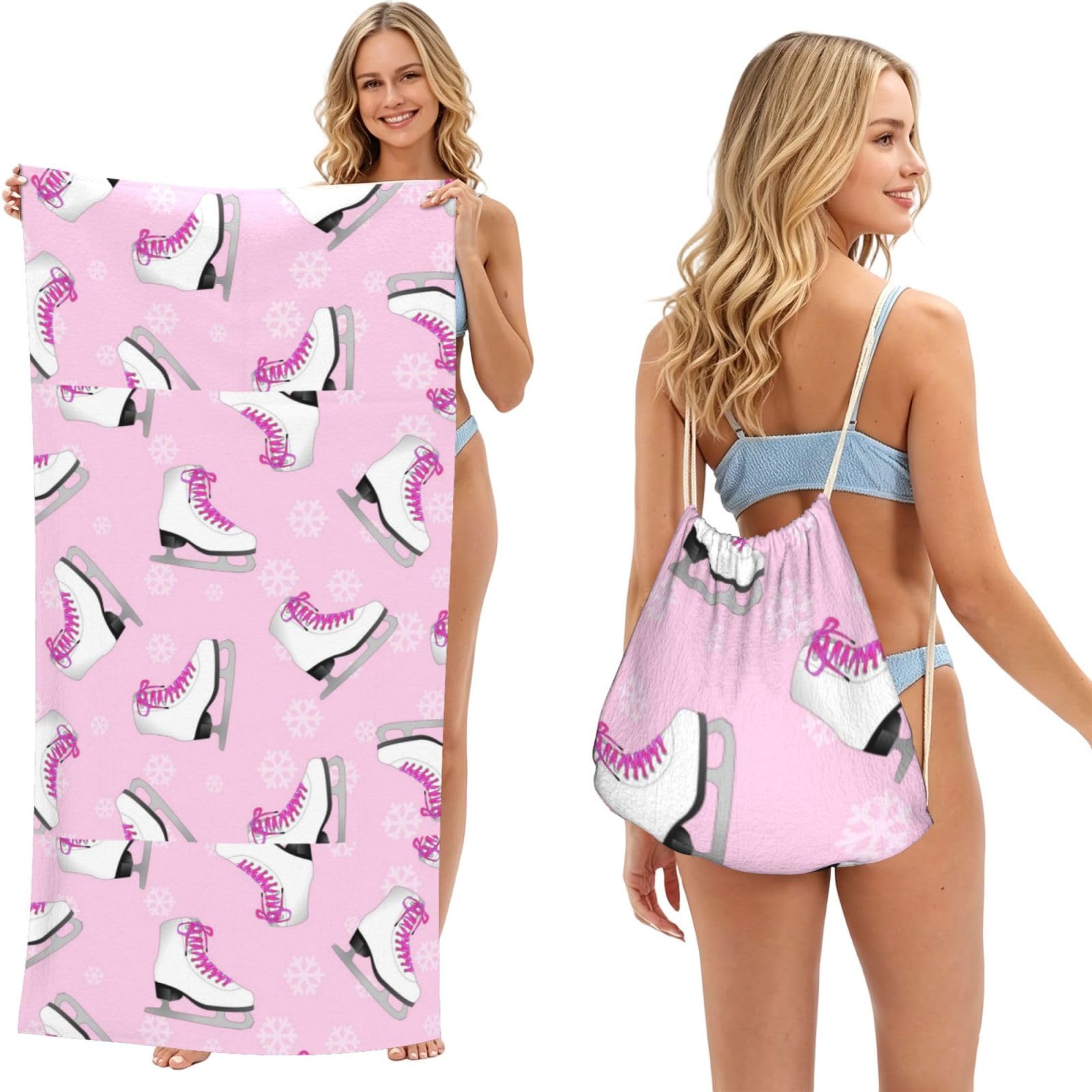 Poadnly As Picture Ice Skating And Snowflake, 2 In 1 Packable Towel Bag, Beach Towels With Drawstring Backpack For Travel Holiday Camping