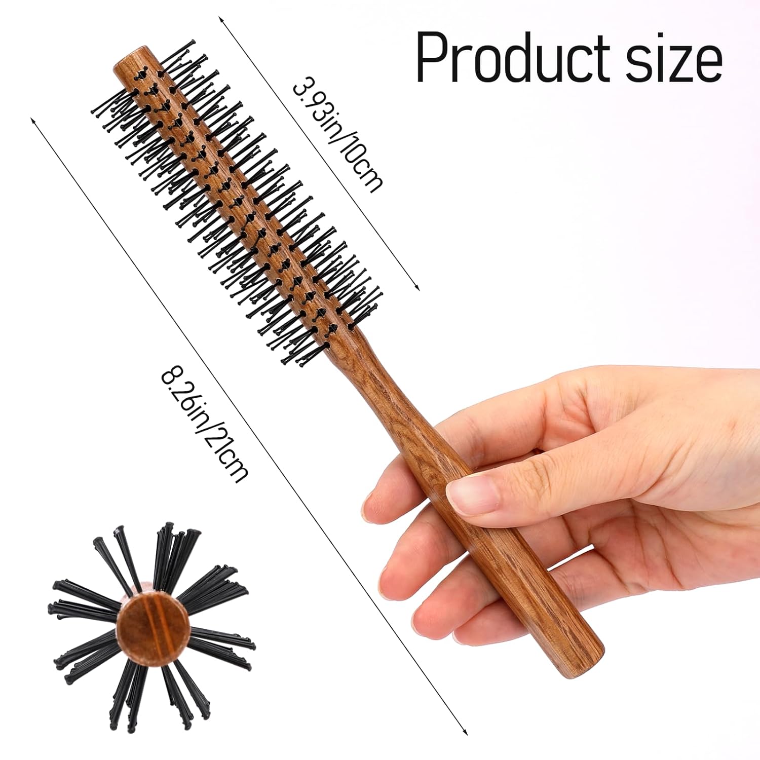 Small Round Hair Brush for Blow Drying, Curling Brush with Wooden Handle & Nylon Bristle, for Wet Hair, Bangs, Beard, Styling, Lifting (Wood Color) - Image 4