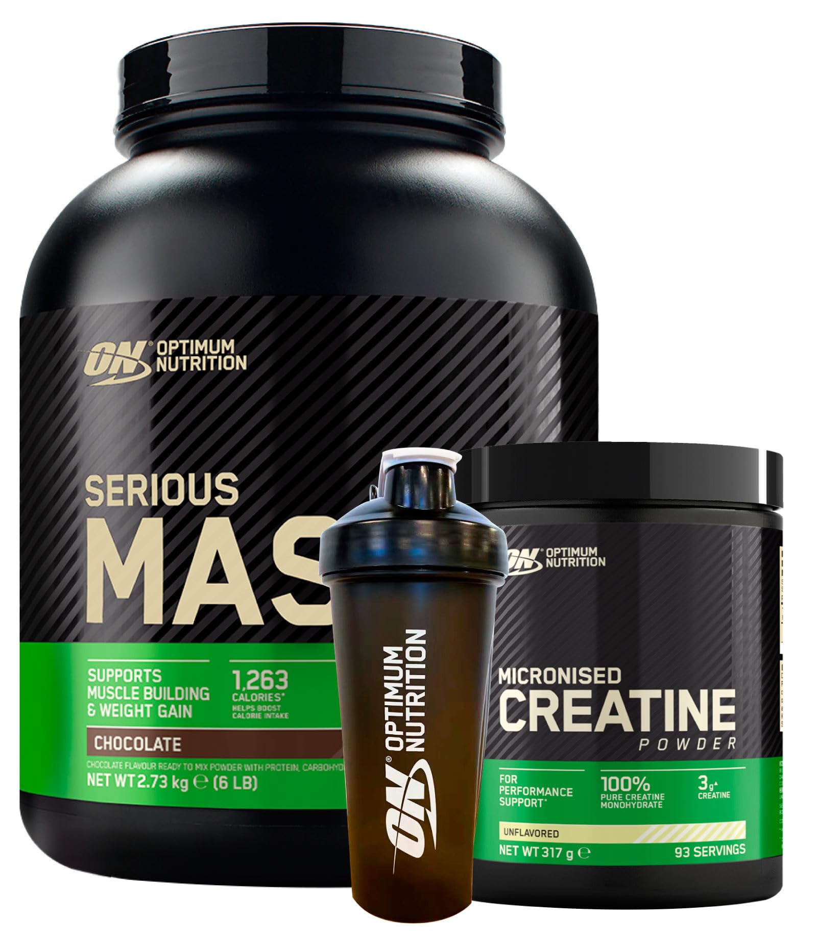 Optimum Nutrition Serious Mass Gainer Proteine Whey con Glutammina Cioccolato 2,73kg 8 Porzioni + Micronised Creatine Monohydrate Non Aromatizzato 317g 93 Porzioni + SHAKER