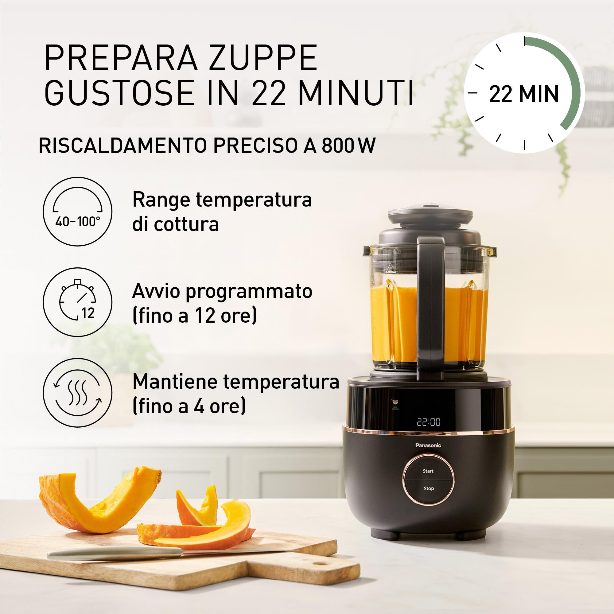 Panasonic MX-HG4401KXE Frullatore e prepara/cuoci zuppe, 1,2L, 800W, Caldo e Freddo, 9 Modalità Automatiche, 10 Impostazioni di Velocità, Timer, Mantieni Caldo, Pulizia Automatica, Nero e Oro Rosa