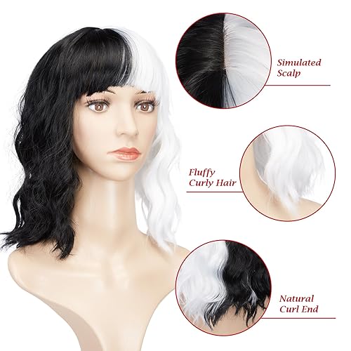 Miniatura 4 de AGPTEK Pelucas sintéticas onduladas para cosplay de 15.7 pulgadas, peluca de Cruella Deville, fibra resistente al calor, textura suave y lisa,