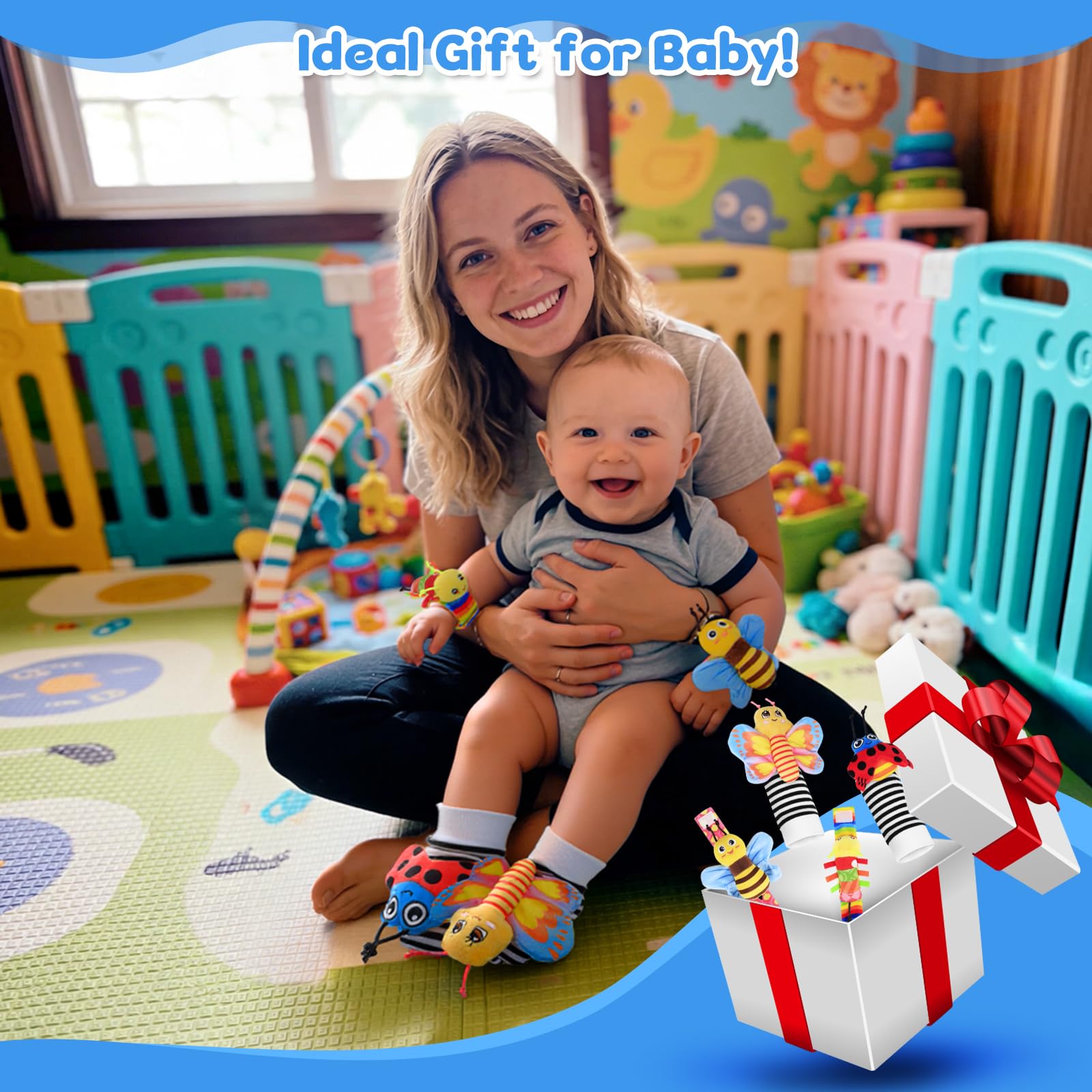 Baby Sensory Toys 0-6 Months, Socks and Foot Finder Set with Sounds for Babies 6-12 Months, Wrist Rattles for Babies 0-12 Months, Newborn Essentials Toy, Toddler Baby Boy Girl Shower Gifts