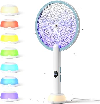 YISSVIC Electric Fly Swatter Bug Zapper Racket 4000V LED Screen Dual Modes Fly Zapper Rechargeable for Indoor Home Office Backyard Patio Camping White Blue