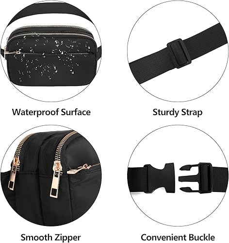 Miniatura 4 de Riñonera cruzada para mujeres y hombres, bolsa de cinturón de regalo para mujeres con correa ajustable para deportes, Negro con 3 cremalleras, 3