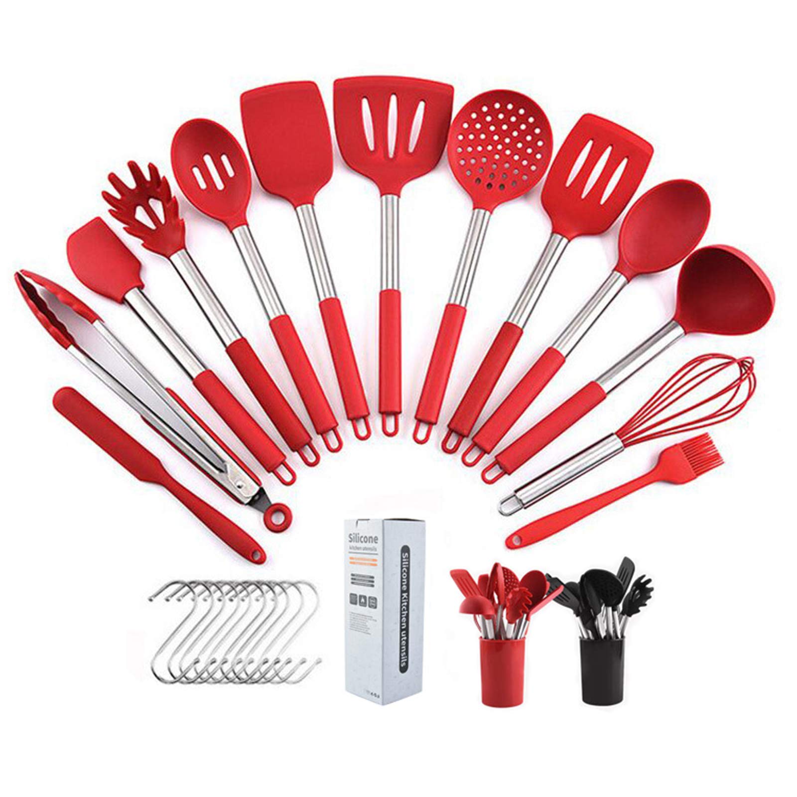 Utensilios de Cocina de Silicona, 13 Piezas Juego de Utensilios de Cocina con Soporte para Utensilios y 13 Ganchos, Utensilios de Cocina Antiadherentes y Resistentes al Calor para el Hogar,Negro