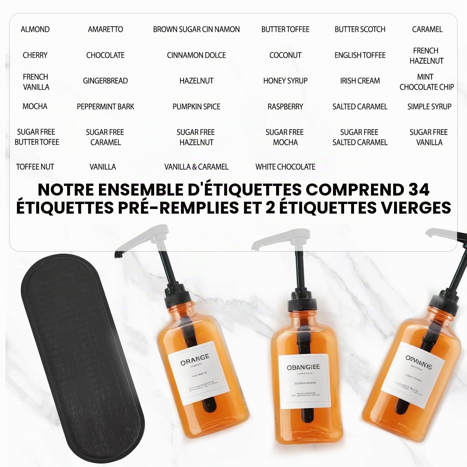 Sunal Lot de 3 distributeurs de sirop en verre avec plateau - Pompe de 0,6 l - Étiquettes et entonnoir étanches - Bouteille pompe à sirop de 500 ml - Pour bar à café et cuisine - Noir