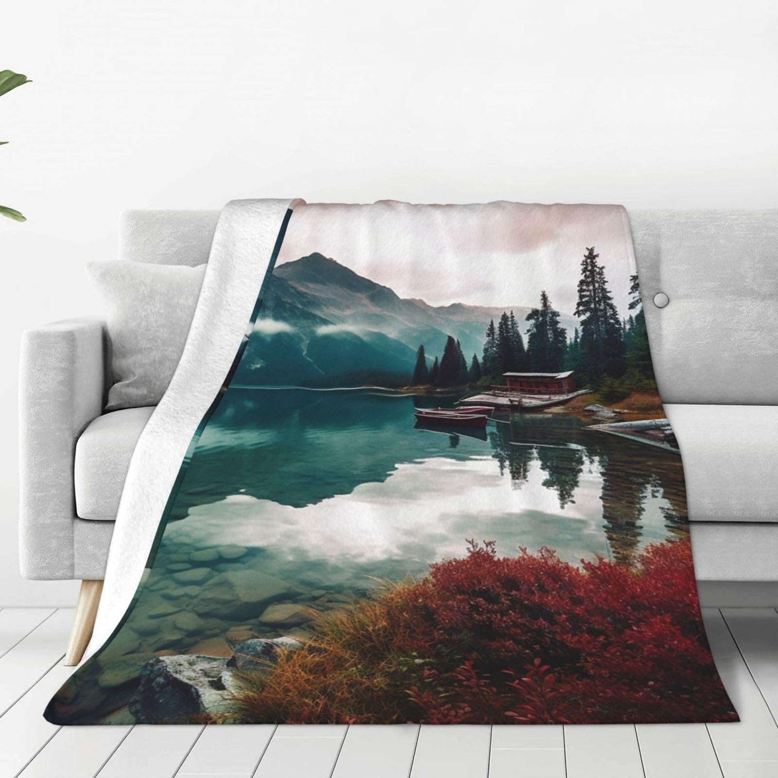 Scenic Lake Throw Blanket for Couch, Plush Fuzzy Soft Flannel Blankets and Throws for Sofa, 80"x60" Bed Blankets for Travel Camping Chair, All Season Warm Fleece Blanket