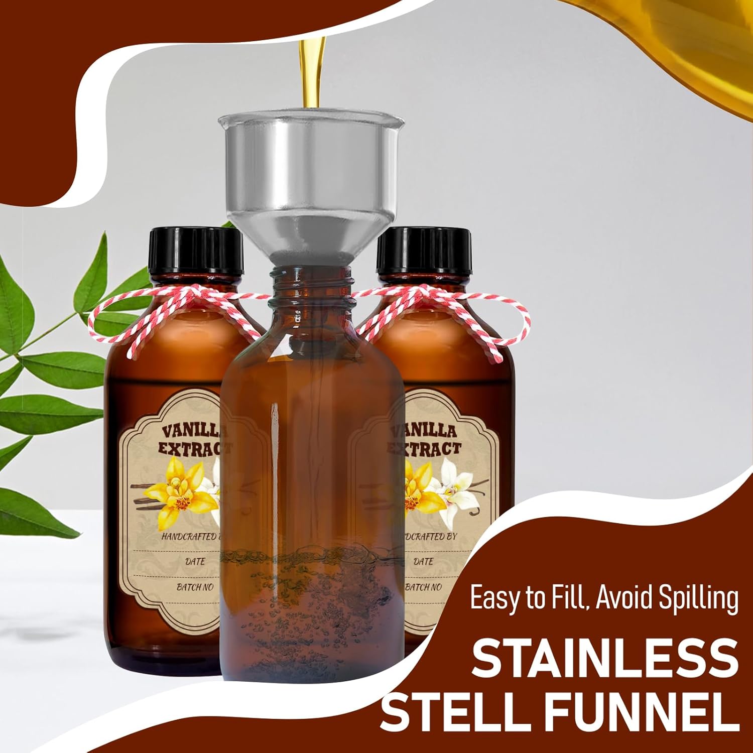 8 Pack Amber Glass Vanilla Extract Bottles with Lids, 8 PCS Vanilla Extract Labels and Funnel, Glass Boston Vanilla Bottles for Syrup Gift, Jars Glass Bottles for Vanilla Extract (4oz)