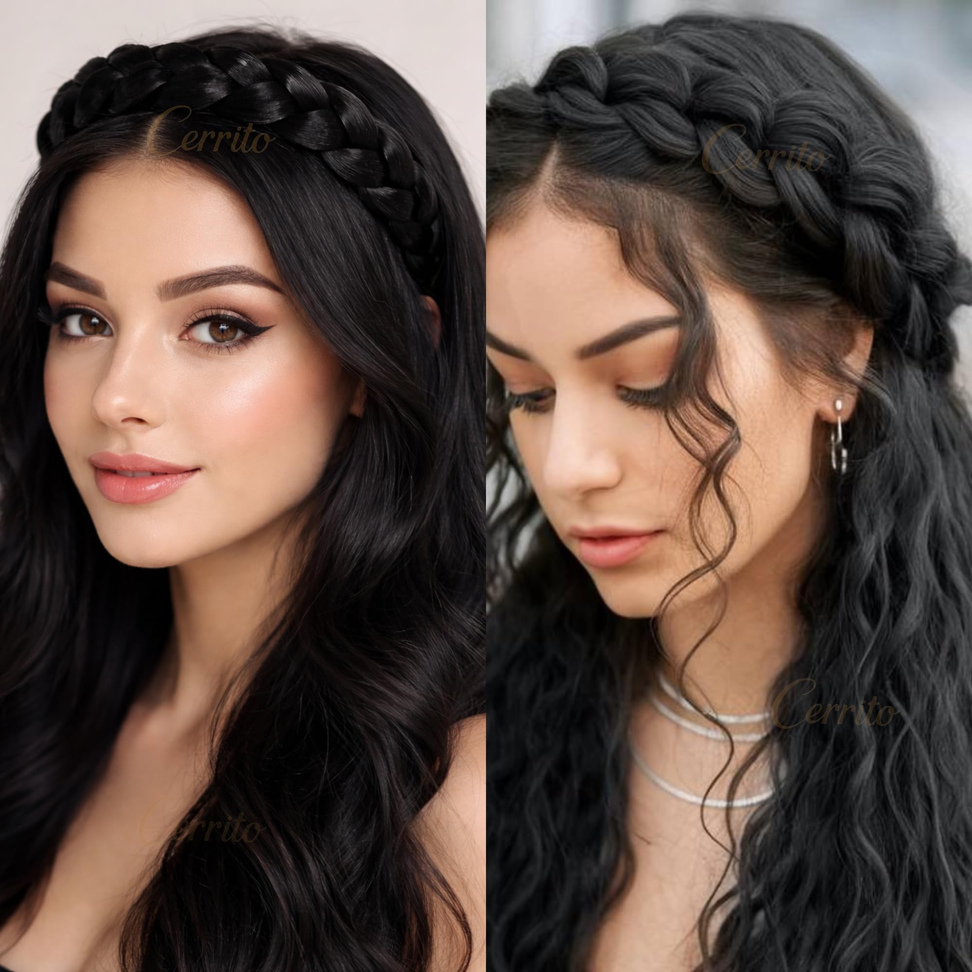 Cerrito Synthetic Braided Hair Headband Set of 2 | Plaited Wig Band with Teeth Hairband For Woman | Elastic Headband For Extension, Ponytails, Bun & Juda | Hair Accessories for Women & Girls (Black) 2