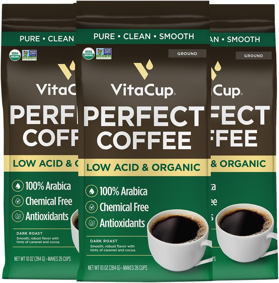 Perfect Low Acid Organic Dark Roast Ground Coffee, 30oz, 3 bags