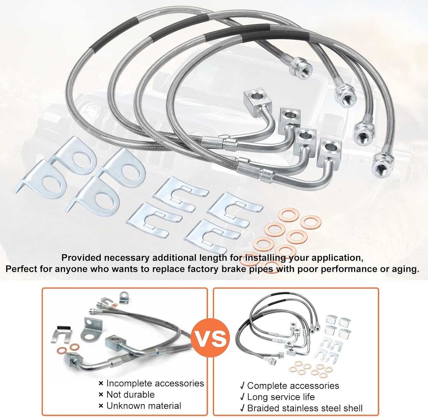 89716 Stainless Brake Lines - Front/Rear Stainless Brake Lines Kit Compatible with 2007-2018 4WD Jeep Wrangler JK Unlimited/2 Door 2007-2010 2WD Jeep Wrangler JK Unlimited (4pcs)