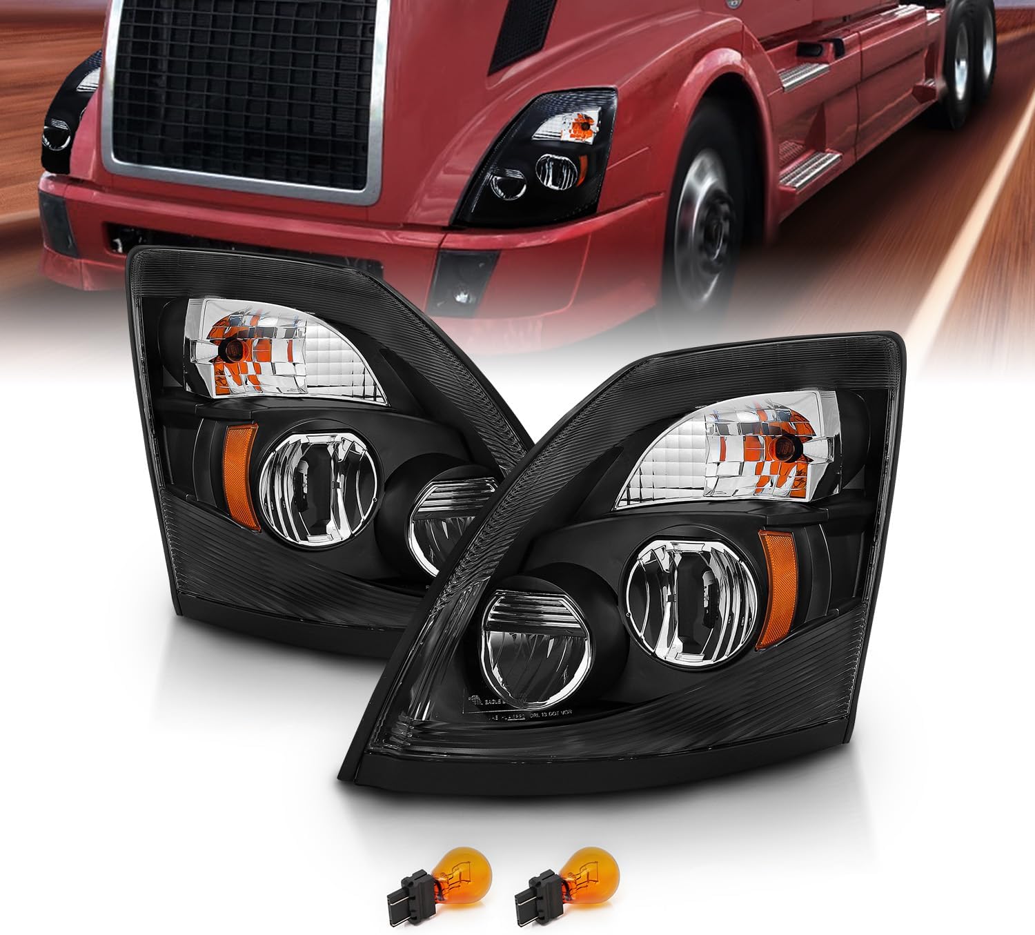 AmeriLite Black [Extreme LED High/Low Beam] 6000K Replacement Headlights Set For Volvo VNL/VNX - Driver and Passenger