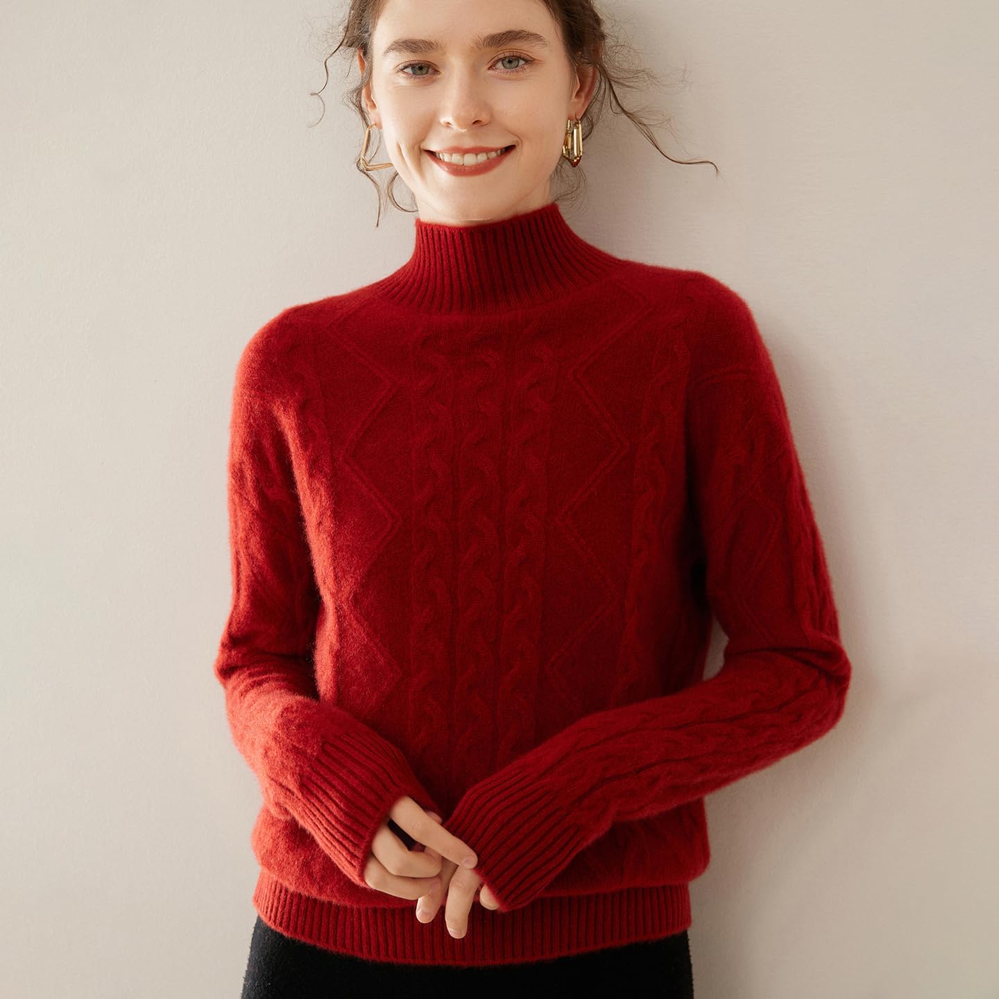 Women's Cashmere and Merino Wool Blend Thick Knit Classic-Fit Long-Sleeve Turtleneck Sweater