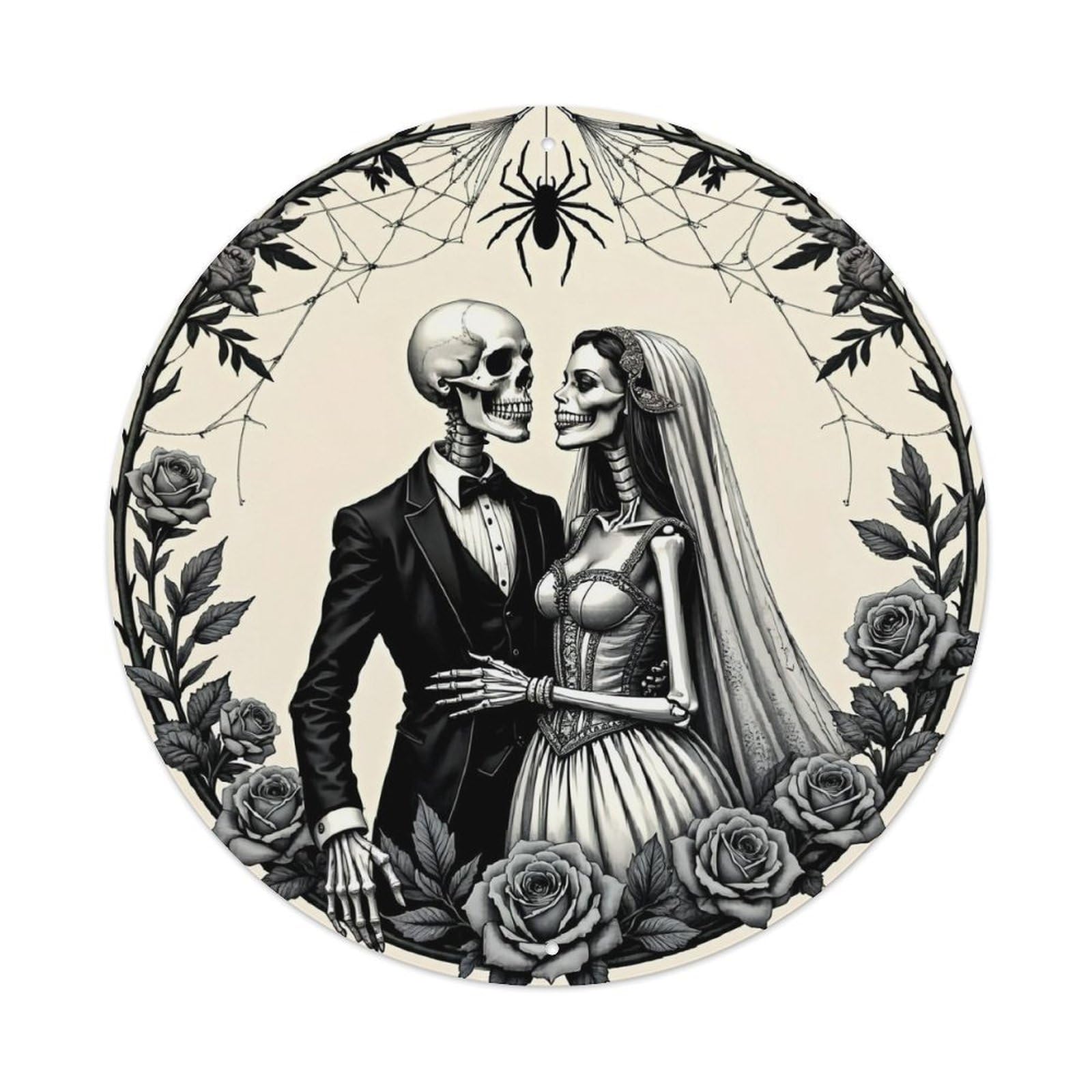 Skeleton Wedding Couple Rose Wreath Retro Metal Tin Sign, Vintage Metal Poster for home, Gaming Room, Studio Workshop,Bar,Garage Wall Art Decor 8x8 inch
