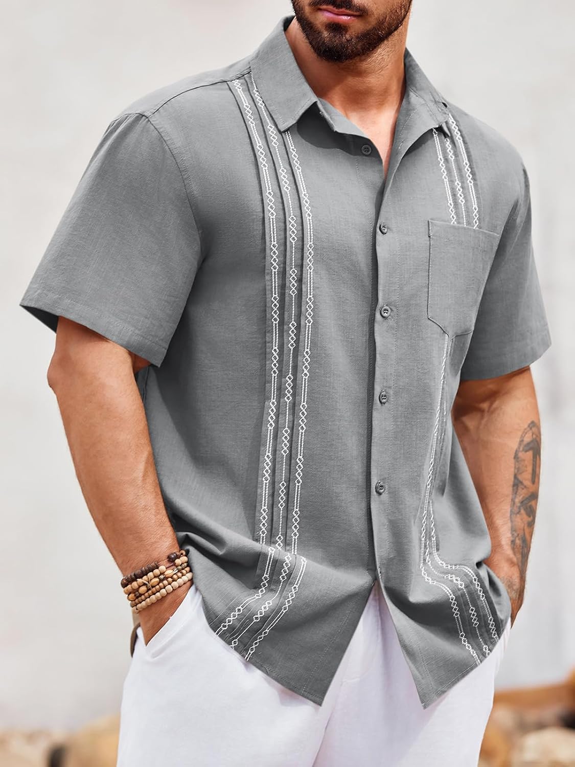 Runcati Mens Linen Shirt Guayabera Cuban Short Sleeve Button Down Summer Beach Hippie Shirts - Image 2