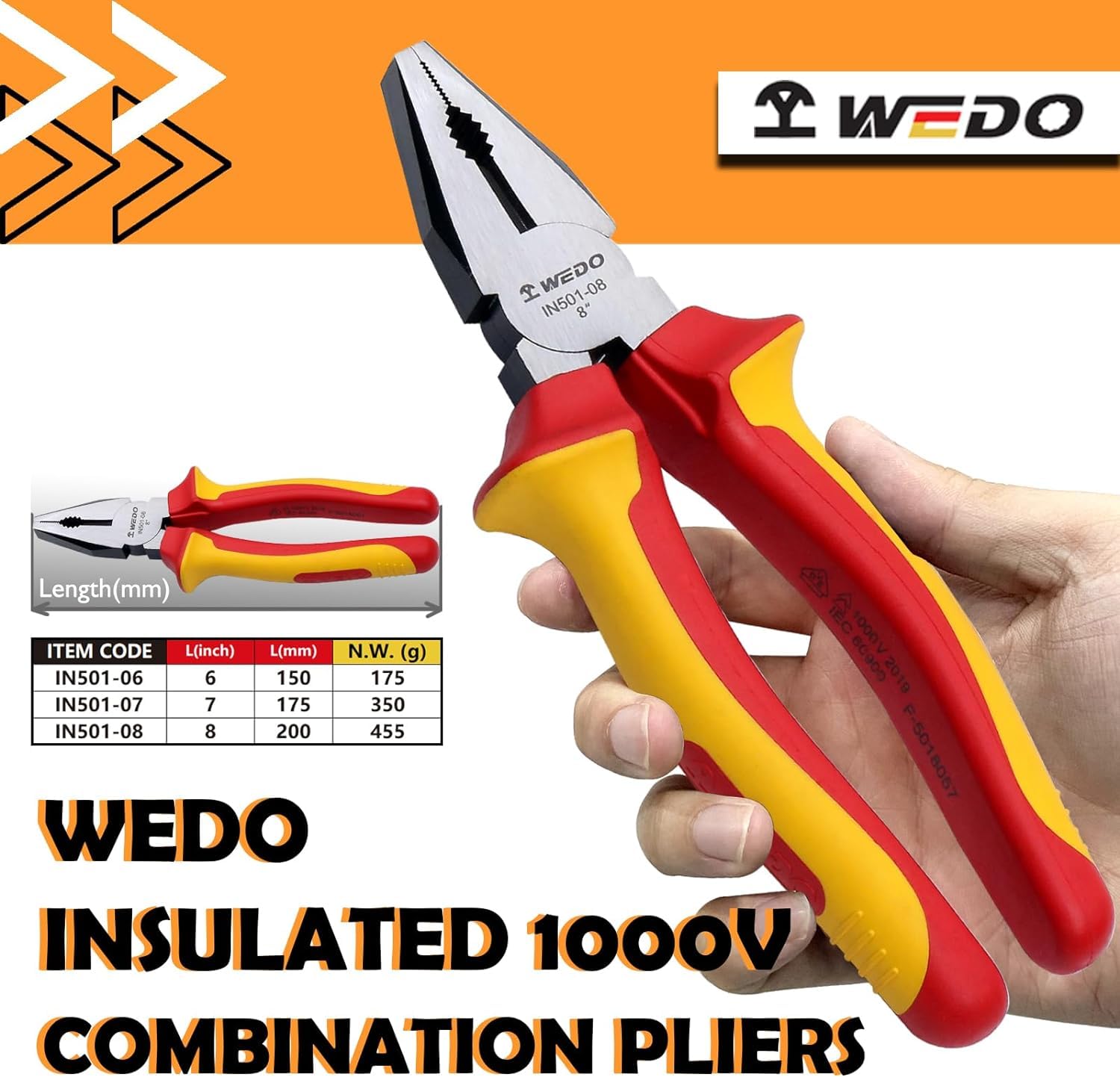 WEDO Insulated Linesman Pliers 6", Combination Pliers with Anti-Slip Handles,Engineers Plier,CR-V, VDE 1000V - Image 2