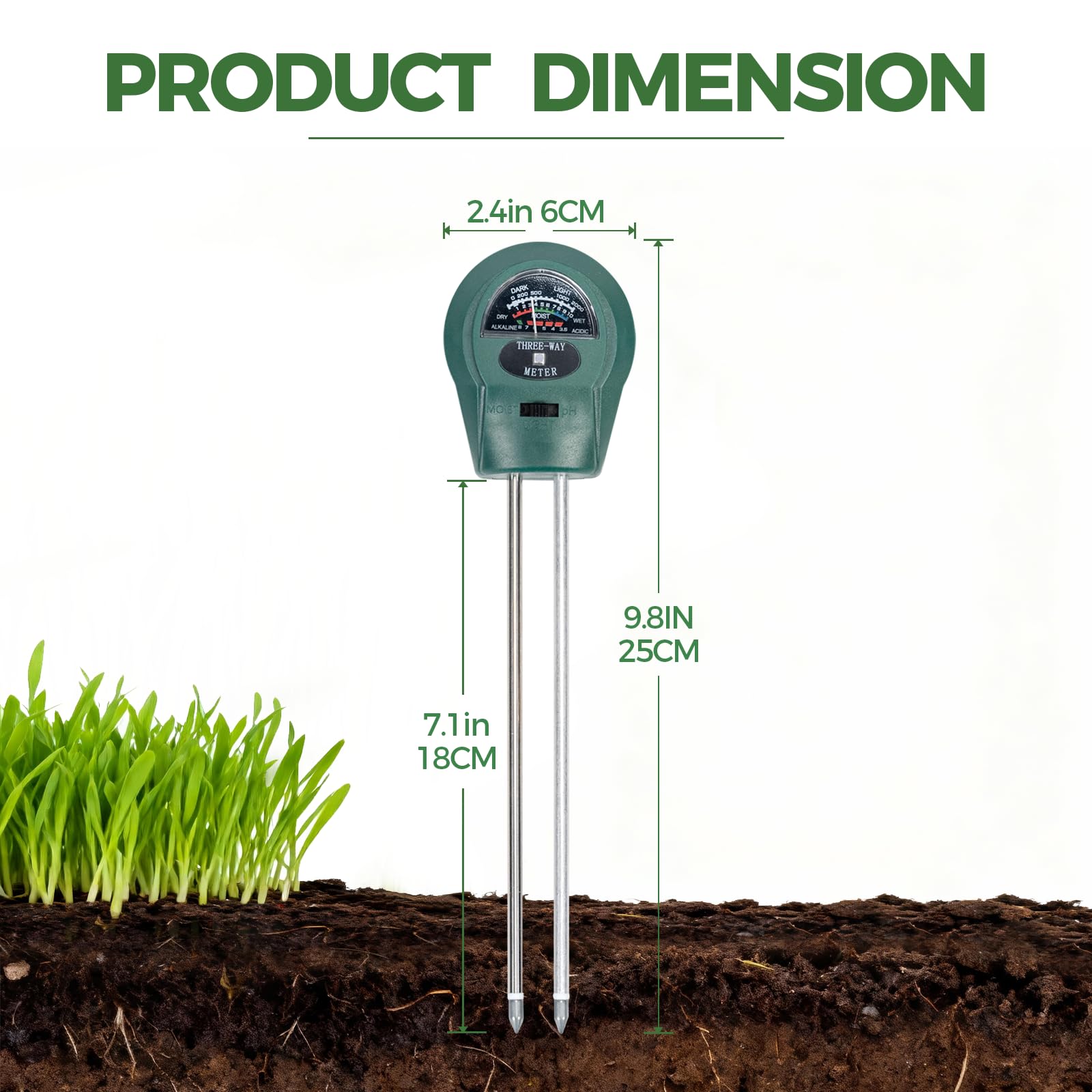 Bamworld Medidor de humedad del suelo 3 en 1, medidor de pH del suelo y medidor de humedad de plantas, medidor de humedad para jardinería, césped, granja, plantas de interior y exterior, no requiere