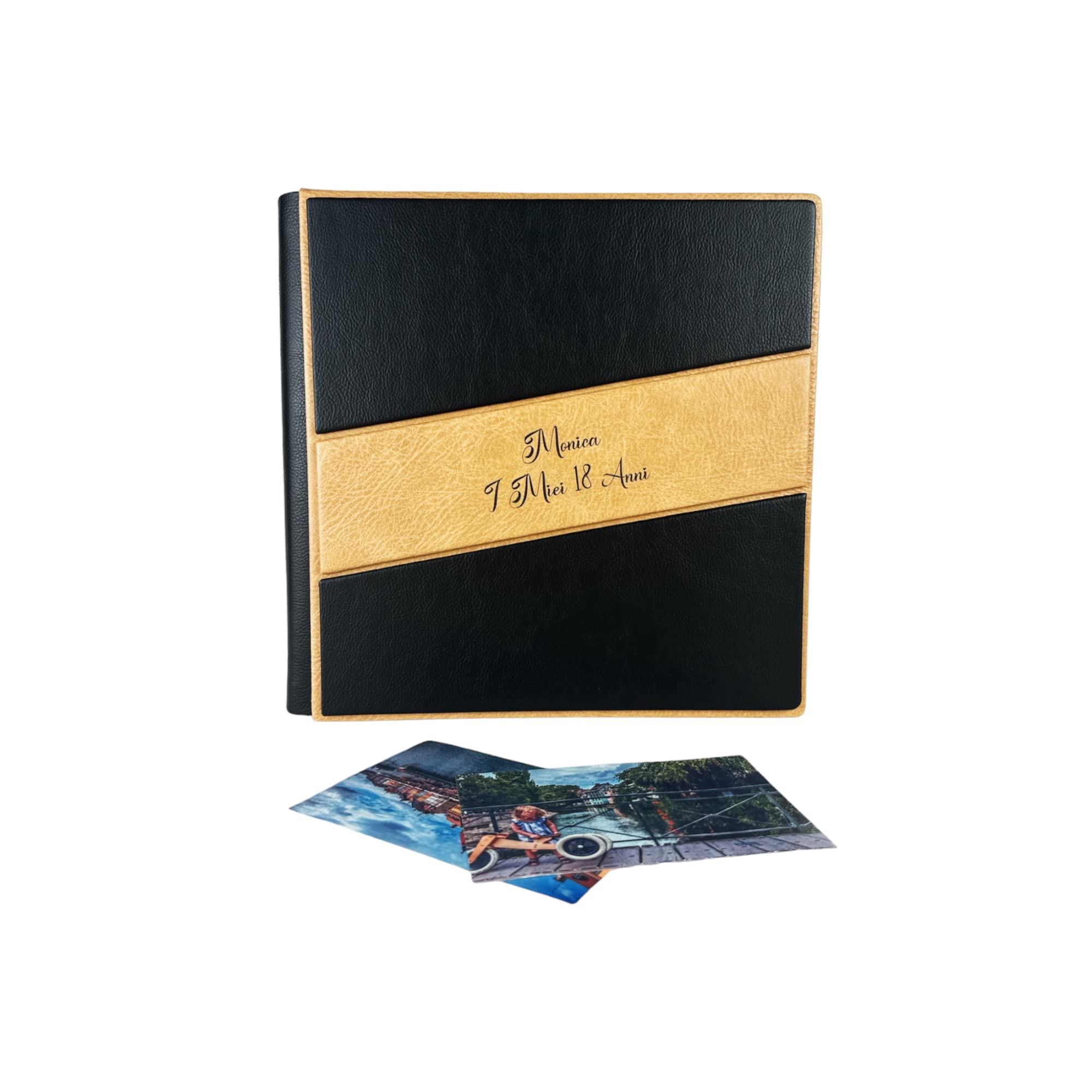 TriVin Art -Saturno- Álbum de fotos artesanal de piel sintética, varios tamaños y personalizable con grabado, ideal para cualquier evento. (negro)