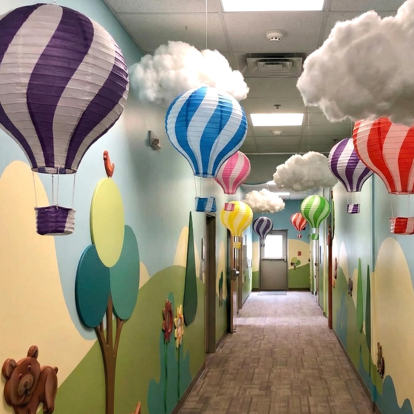 Photo 1 of 12 Pcs Classroom Decoration Hanging Clouds from Ceiling with Hot Air Balloon 6 Artificial Cloud 6 Hot Air Balloon Paper Lanterns for Classroom Birthday Baby Shower Nursery Daycare Kindergarten