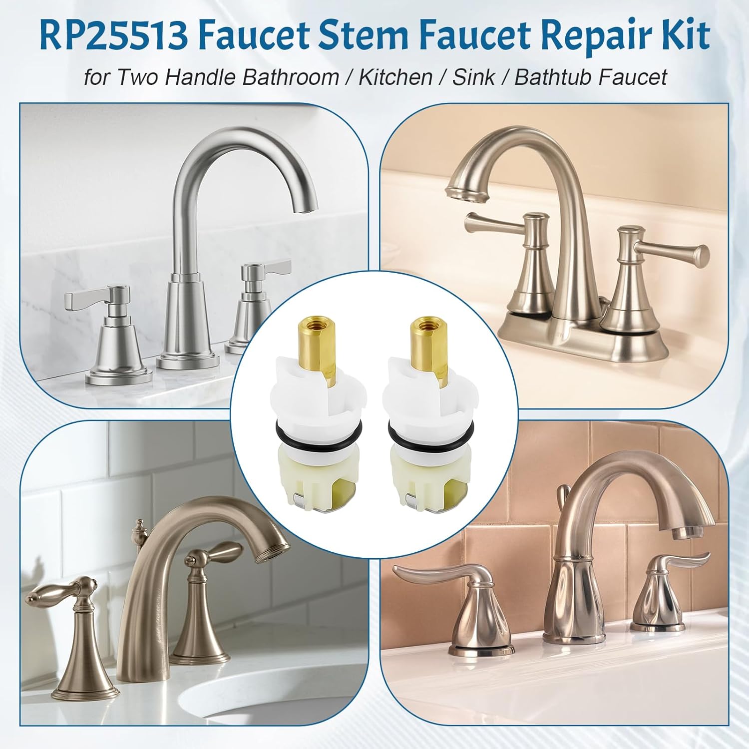 4 Pack RP25513 Faucet Stem Assembly Replacement Compatible with Delta Two Handle Faucet Repair Kit for Bathroom Kitchen Sink with RP24096 Faucet Cartridge RP4993 Seat and Spring RP24097 Turn Stop 1/4