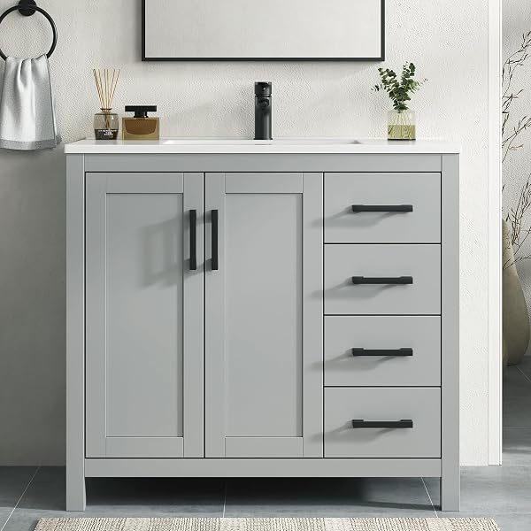 36 Inch Bathroom Vanity with Sink, Grey Single Sink Bathroom Vanity Modern Bathroom Sink Cabinet with Soft Close Doors & Drawers, 36 Inch Vanity with Sink, Adjustable Feet, Integral Top
