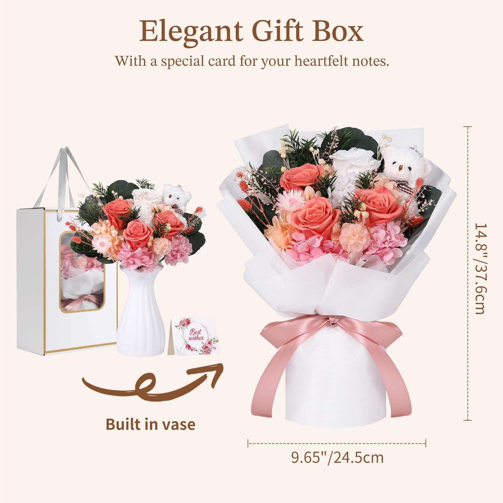 Emibele Flowers for Delivery Prime, Preserved Flowers Bouquets, Eternal Pink and White Roses with Bear, Valentines Mother's Day Birthday Anniversary Graduation Flower Gifts for Her Girlfriend Women