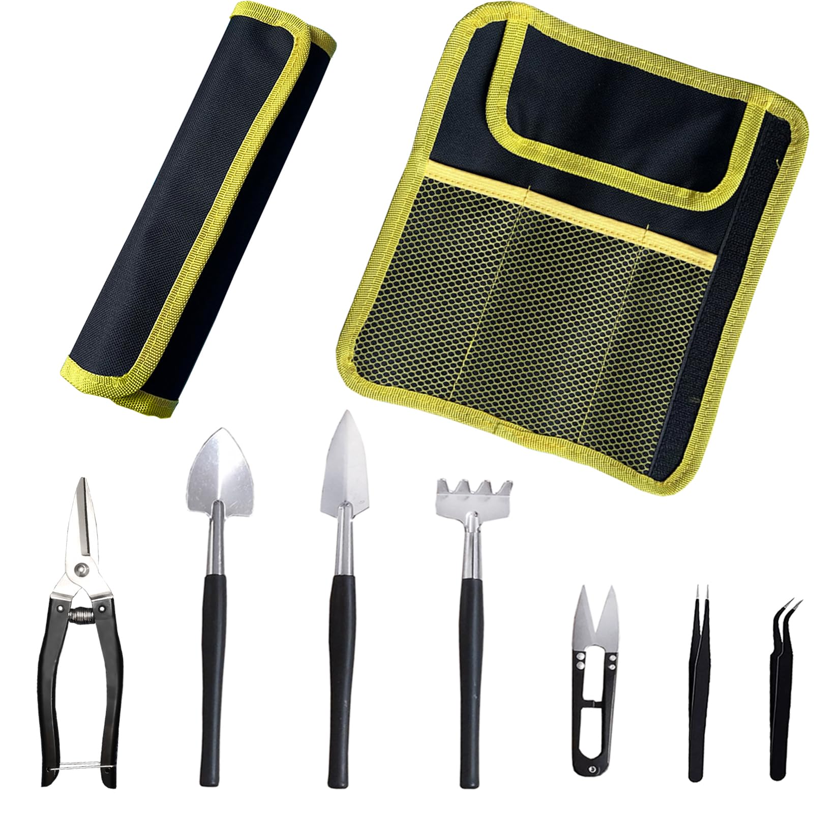 Bonsai Tools Kit 8PCS, Precision Pruning Scissors, Root Rake & Shovel Set with Tweezers Portable Oxford Roll Bag, Easy Control for Trimming, Shaping & Repotting Bonsai and Indoor Plant Care