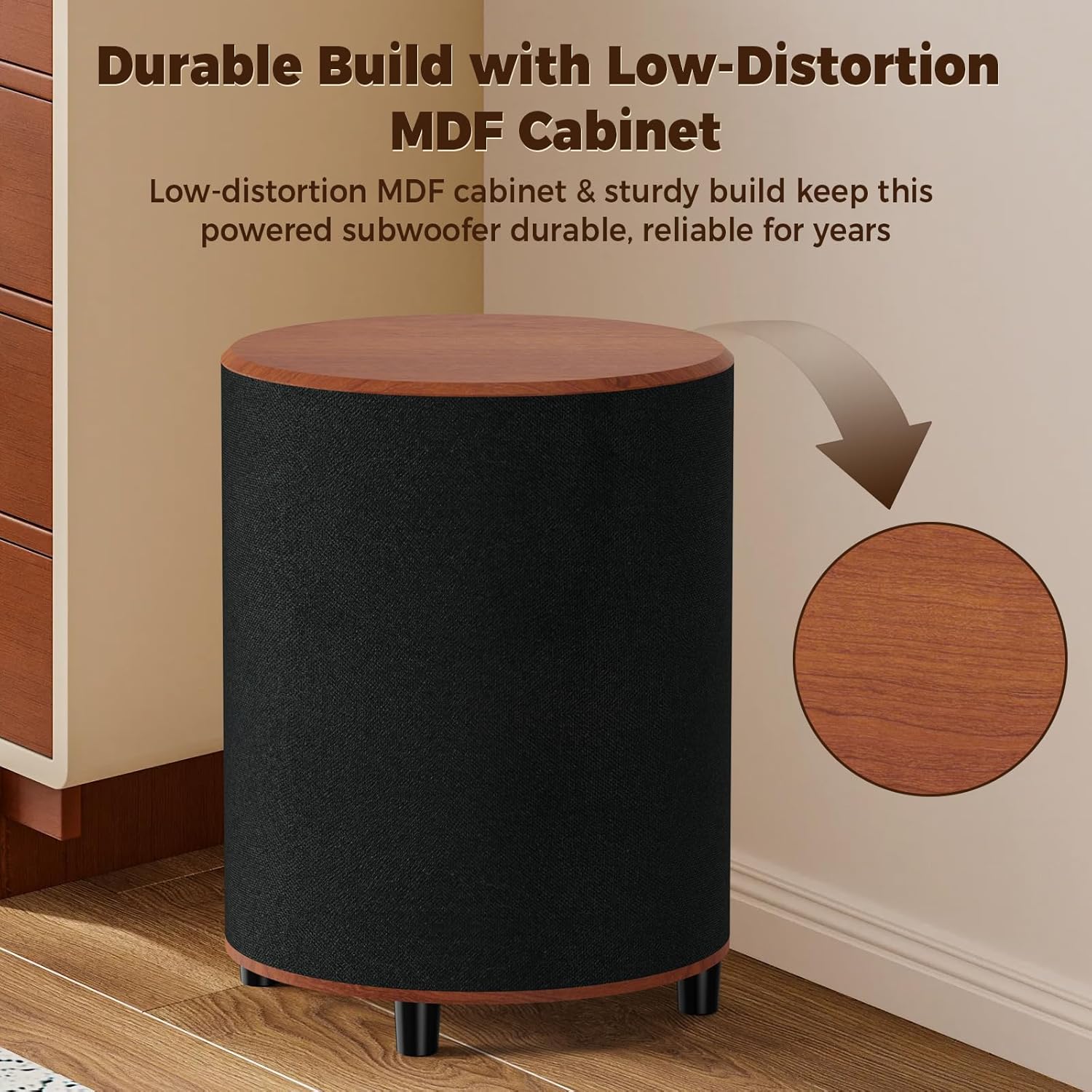 LITTOAK Powered Subwoofer with 'Durable Build with Low-Distortion MDF Cabinet' feature highlighted