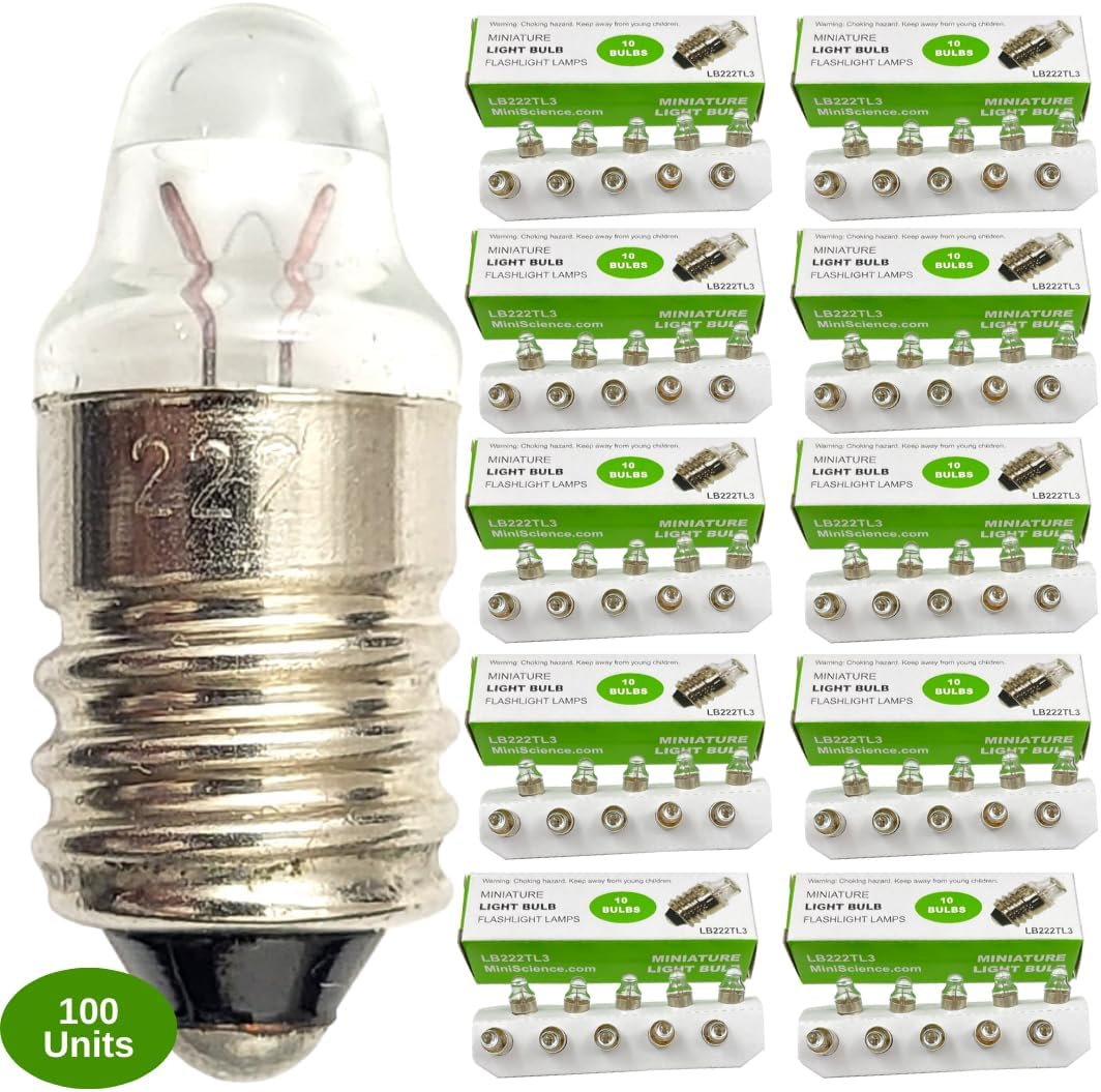Incandescent Miniature Bulb #222 – TL3 – 0.6W – 2.25V – E10 Base – Compatible with Eiko 40492 for Educational Circuits (100)