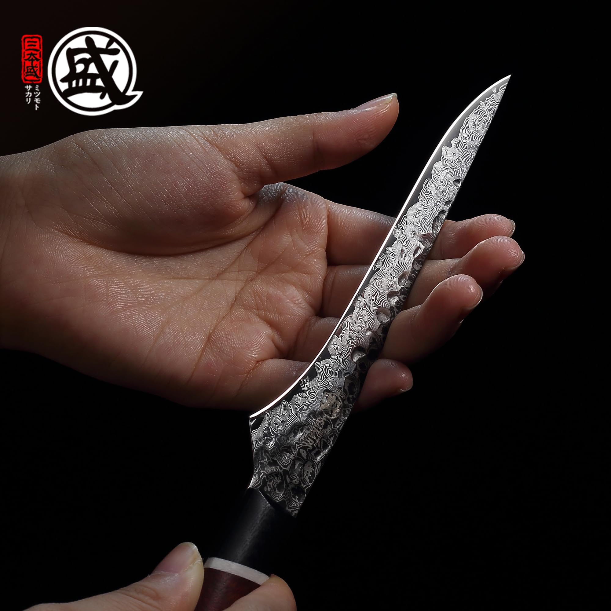 MITSUMOTO SAKARI Cuchillo Japonés para Deshuesar, 14,6 cm Cuchillo Flexible | Cuchillos Cocina de Acero Damasco S440C en Polvo, para Deshuesar Aves, Mango Madera de Sangre y G10, Caja Regalo Sándalo