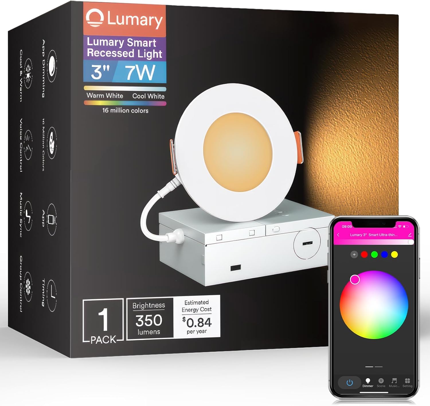 Lumary 3 Inch Smart Recessed Lighting WiFi Bluetooth Smart LED Recessed Lights 7W 350LM LED Wafer Downlight with Junction Box Compatible with Alexa/Google Assistant(1 Pack) Lumary 3 Inch Smart Recessed Lighting WiFi Bluetooth Smart LED Recessed Lights 7W 350LM LED Wafer Downlight with Junction Box Compatible with Alexa/Google Assistant(1 Pack)