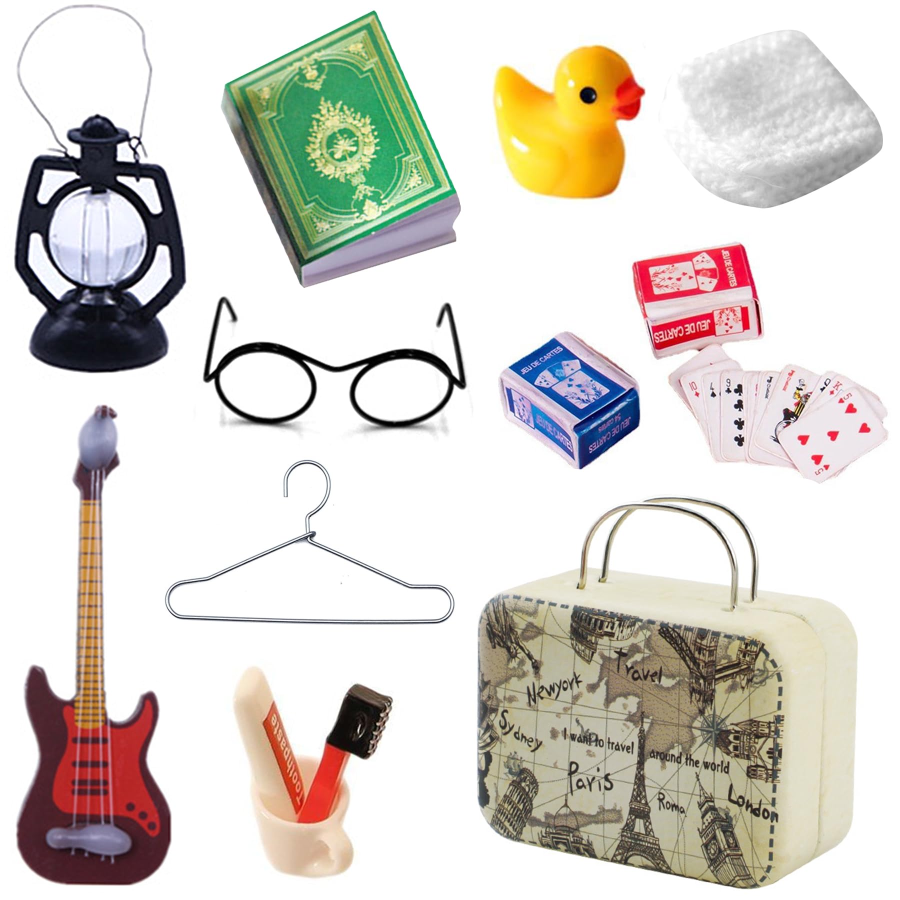 Reise Miniatur Set,Miniatur Wichtel Zubehör,DIY Wichtel Reise Zubehör,Mini Puppenhaus schmücken Reisen,Zwerg Koffer Set,Perfekt für Puppenhäuser,mit Zahnbürste, Zahnpasta und Brille
