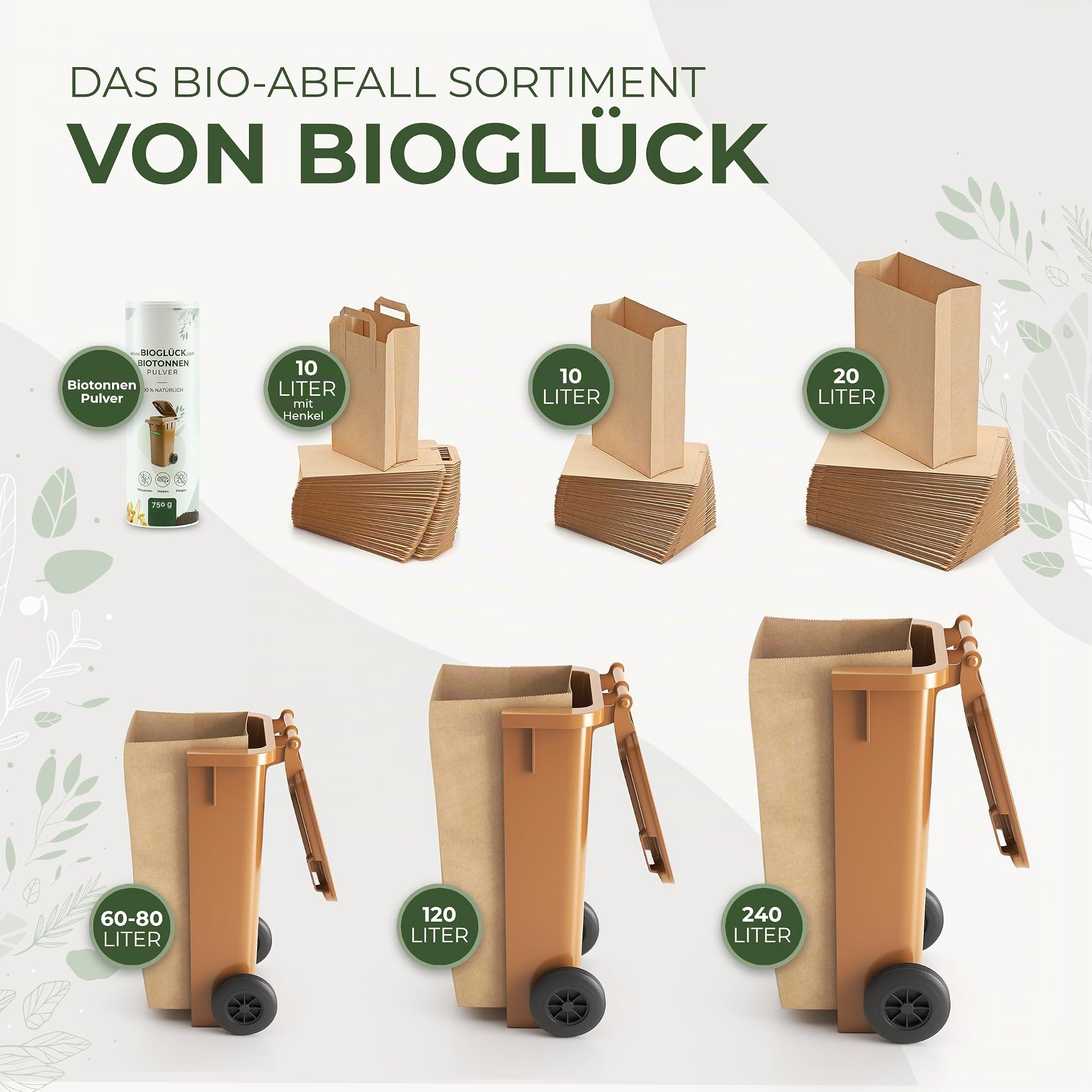 BIOGLÜCK® Biomüllbeutel 10L mit Tragegriff [100 Stück] – für den einfachen & hygienischen Transport | Reißfeste & nassfeste Papiertüten für Biomüll