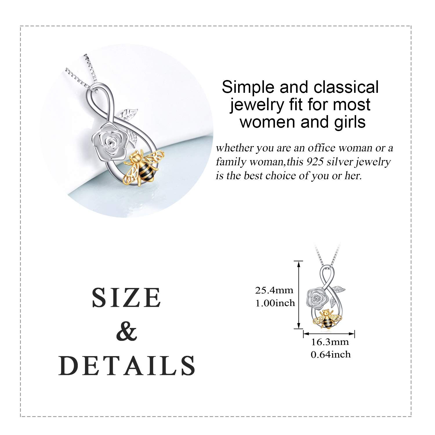 YAFEINI Bee Necklace Sterling Silver Infinity Love Bee Pendant Necklace with Rose Flower Jewellery Gifts for Women Teens