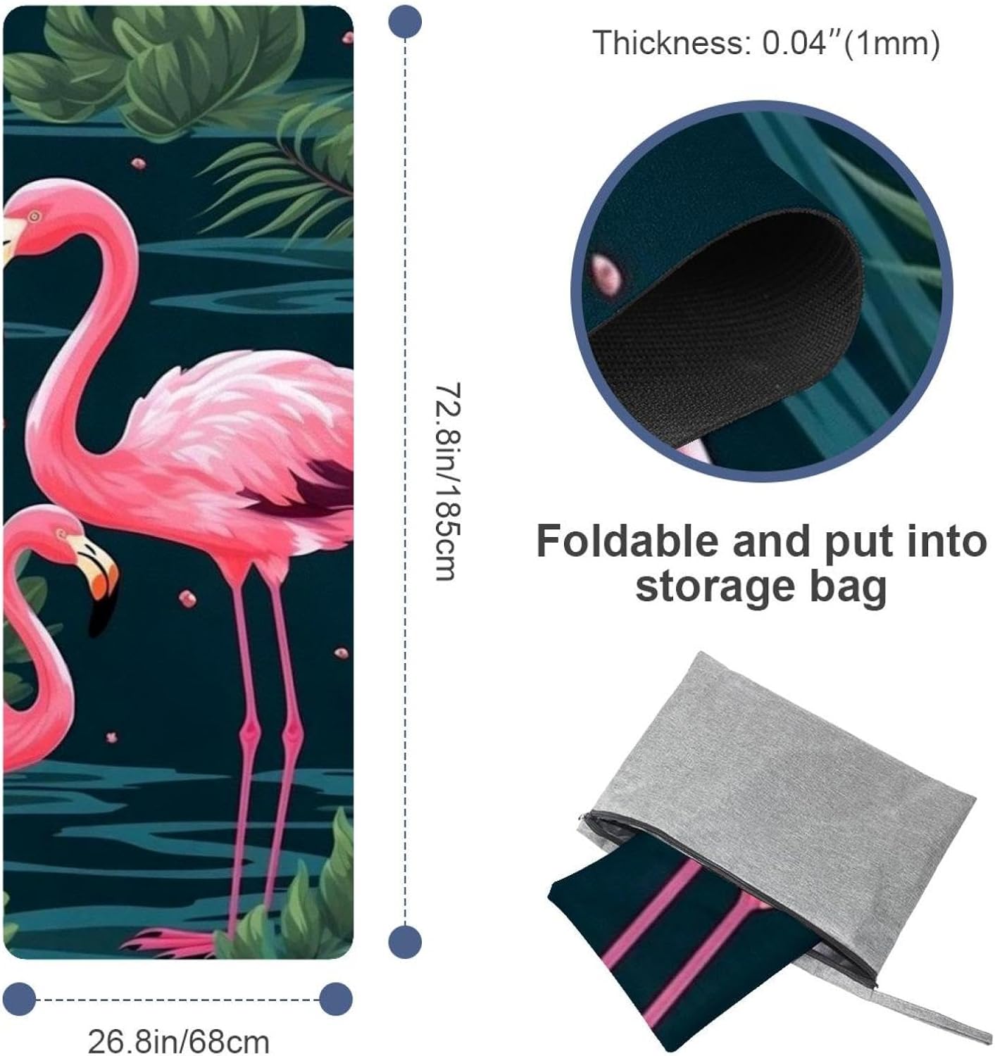 Yoga Towel, Tropical Flamingo Pattern Non Slip Sweat Absorbent Hot Yoga Mat Towel for Hot Yoga, Pilates and Fitness - 72.8" x 26.8"