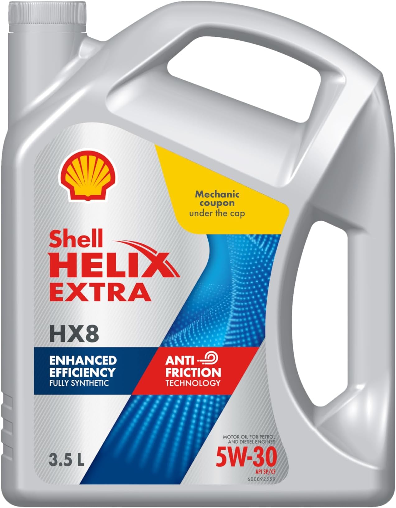 Shell Helix Extra 5W-30 API SP Fully Synthetic Oil for Petrol, Diesel & CNG Cars (3.5L), Enhanced Efficiency with Anti friction Technology