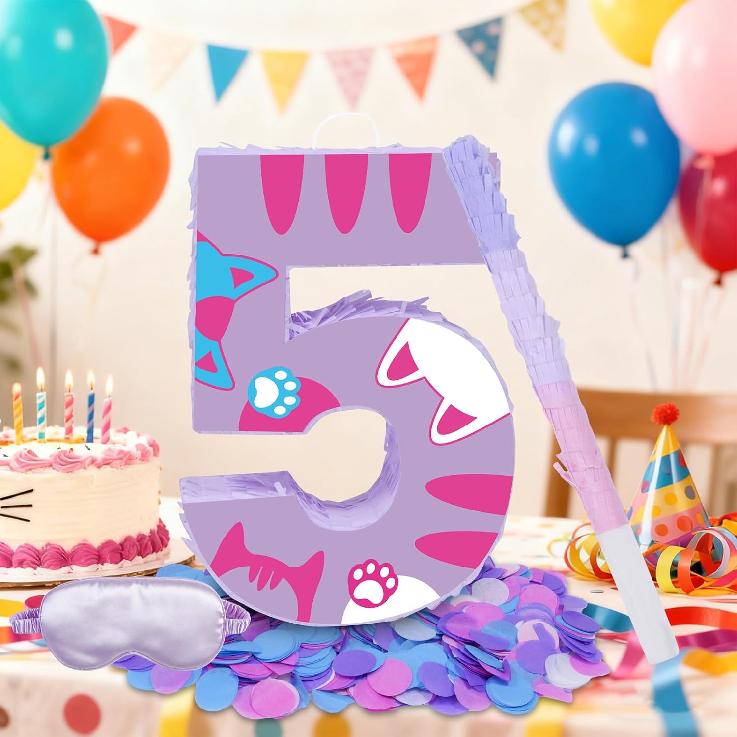 Cat Number 5 Piñata, 15.75" x 11" x 2.76" Kitten Piñata Birthday Party Decorations Includes Wooden Stick, Blindfold and Confetti for Cat Theme 5th Birthday Party Supplies