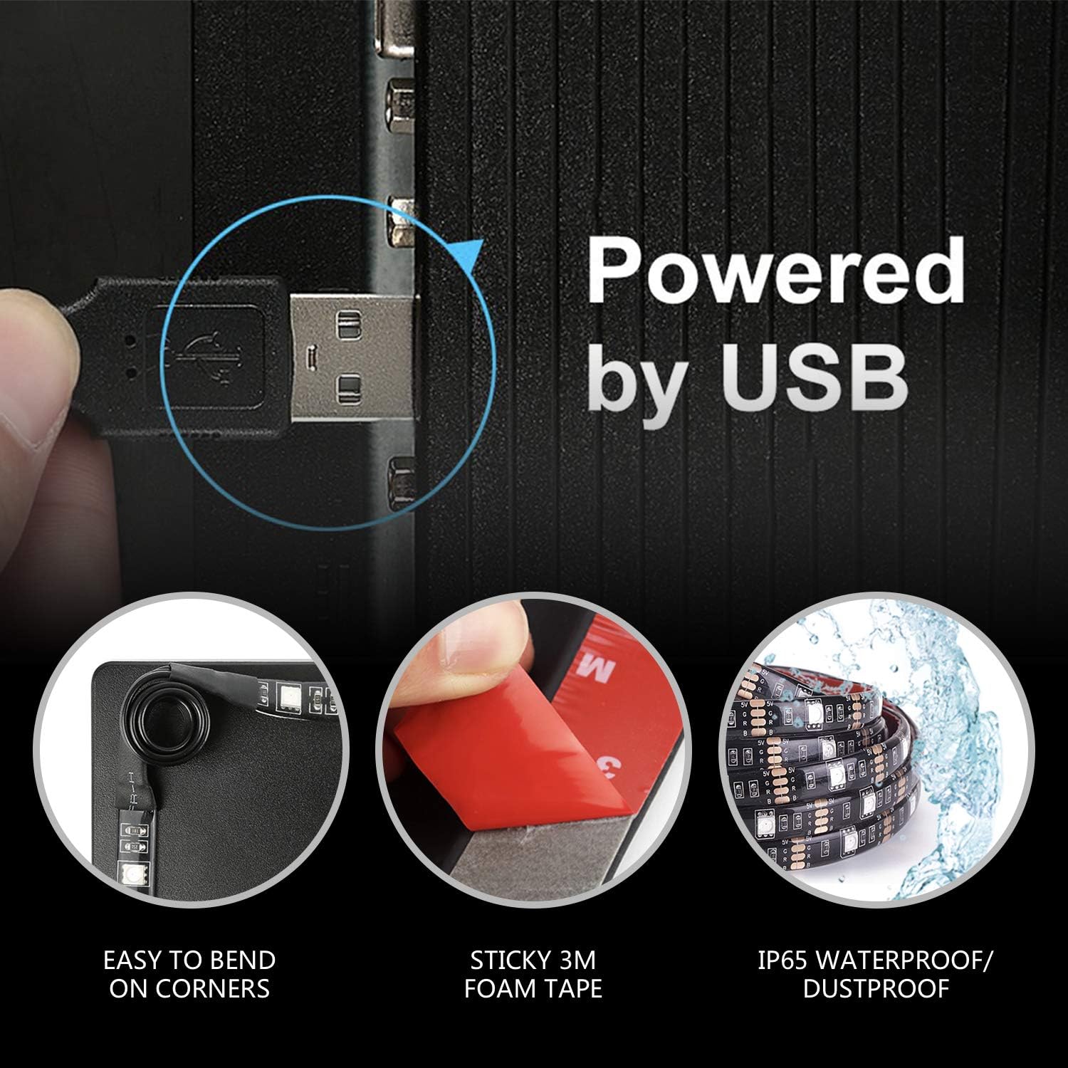 Image showing details of the Nexillumi LED strip lights: USB power, easy-to-bend corners, sticky 3M foam tape, and IP65 waterproof/dustproof rating.