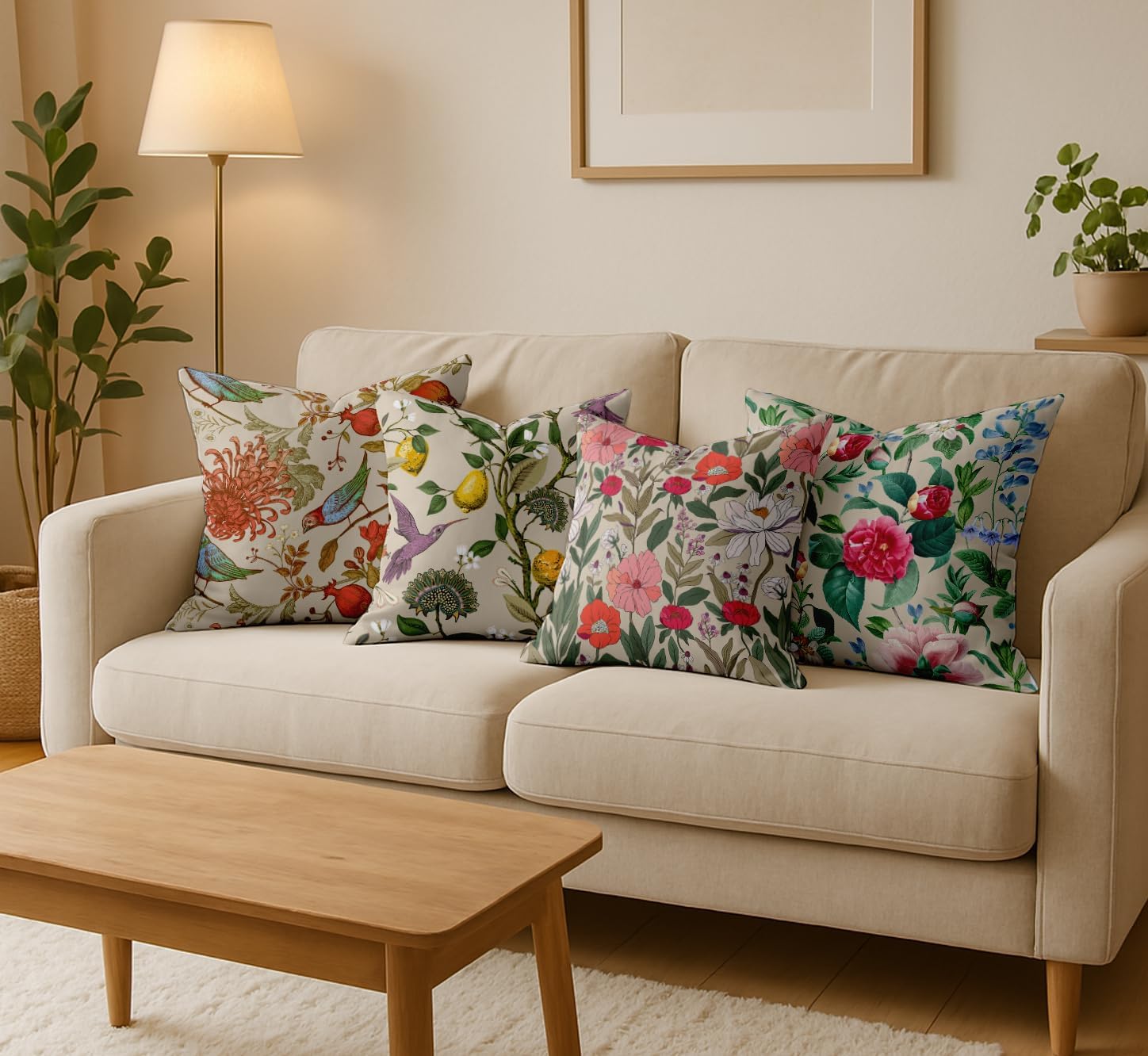 16x16 Inch Cushion Covers Set of 4 - Premium Cotton, Floral Print, Reversible Printed Pillow Covers with Concealed Zipper - Beige