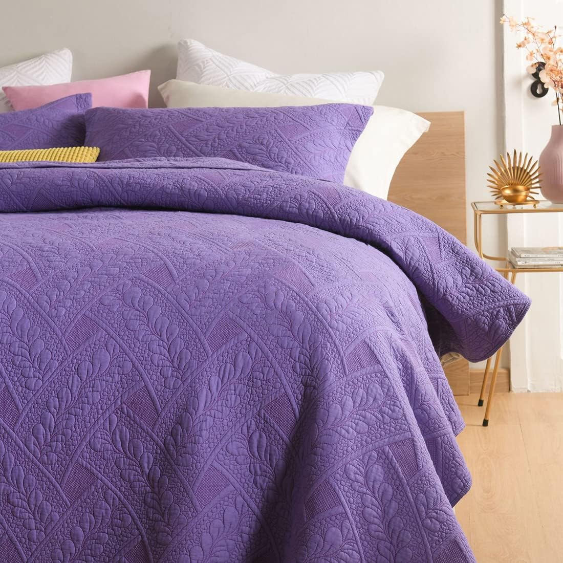 vctops 3-Piece Cotton Quilt Sets Floral Embroidery Bedspread Bed Cover Coverlet Comforter 1 Quilt and 2 Pillow Shams (Purple, Queen) - Image 2