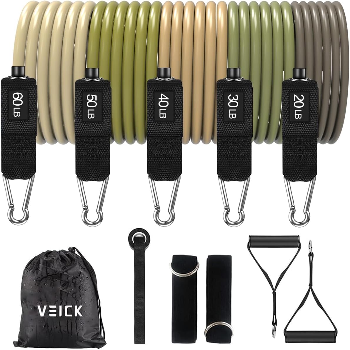 VEICK Resistance Bands, Exercise Bands, Workout Bands, Resistance Bands for Working Out with Handles for Men and Women, Exercising Bands for Fitness Weights Work Out at Home (Army Green, 20-200LBS) Thumbnail