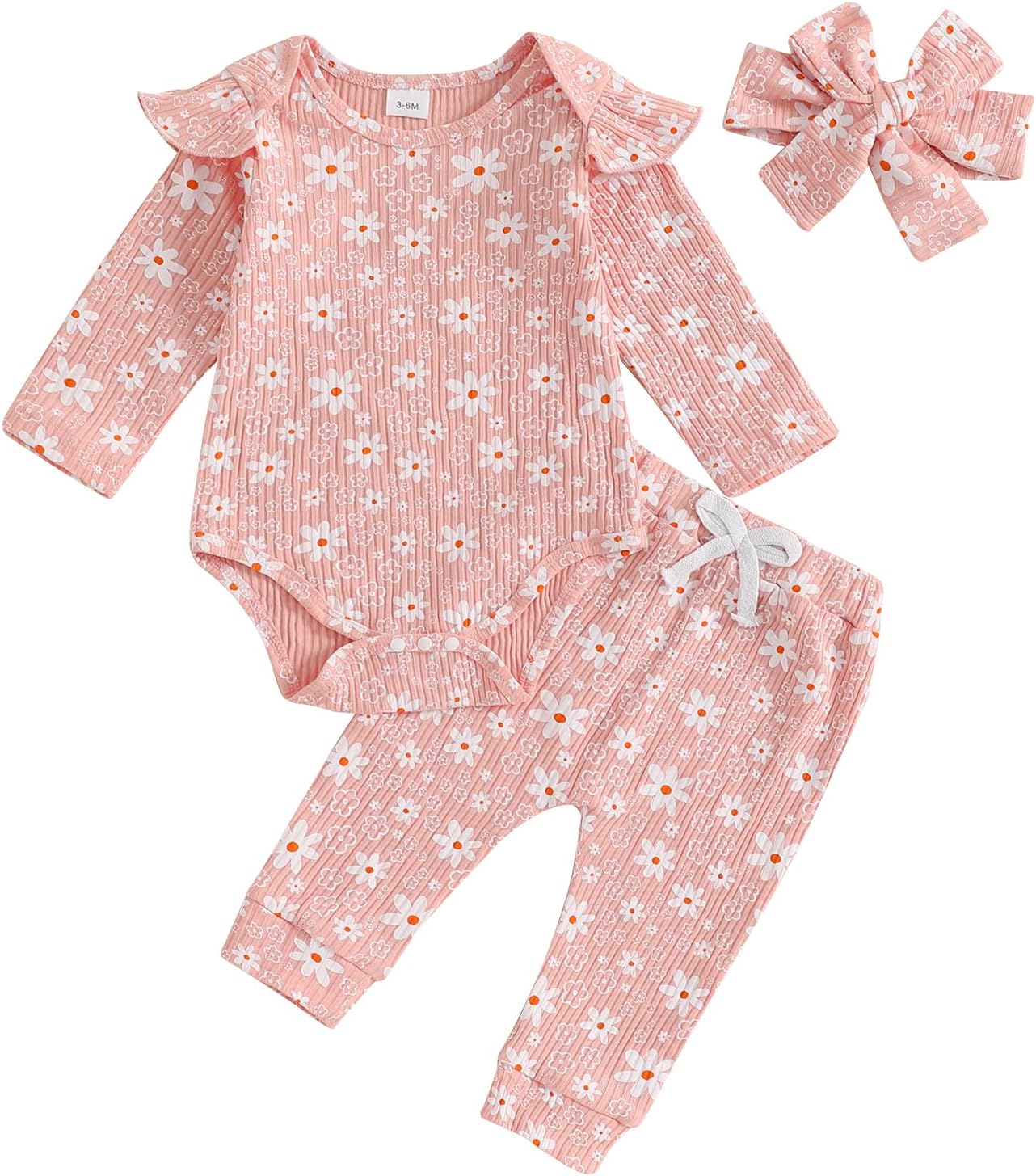 One opening Newborn 3 6 12 18months Baby Girl Clothes Floral Romper Ribbed Bodysuit Tops Long Pants Set Infant Girl Outfit