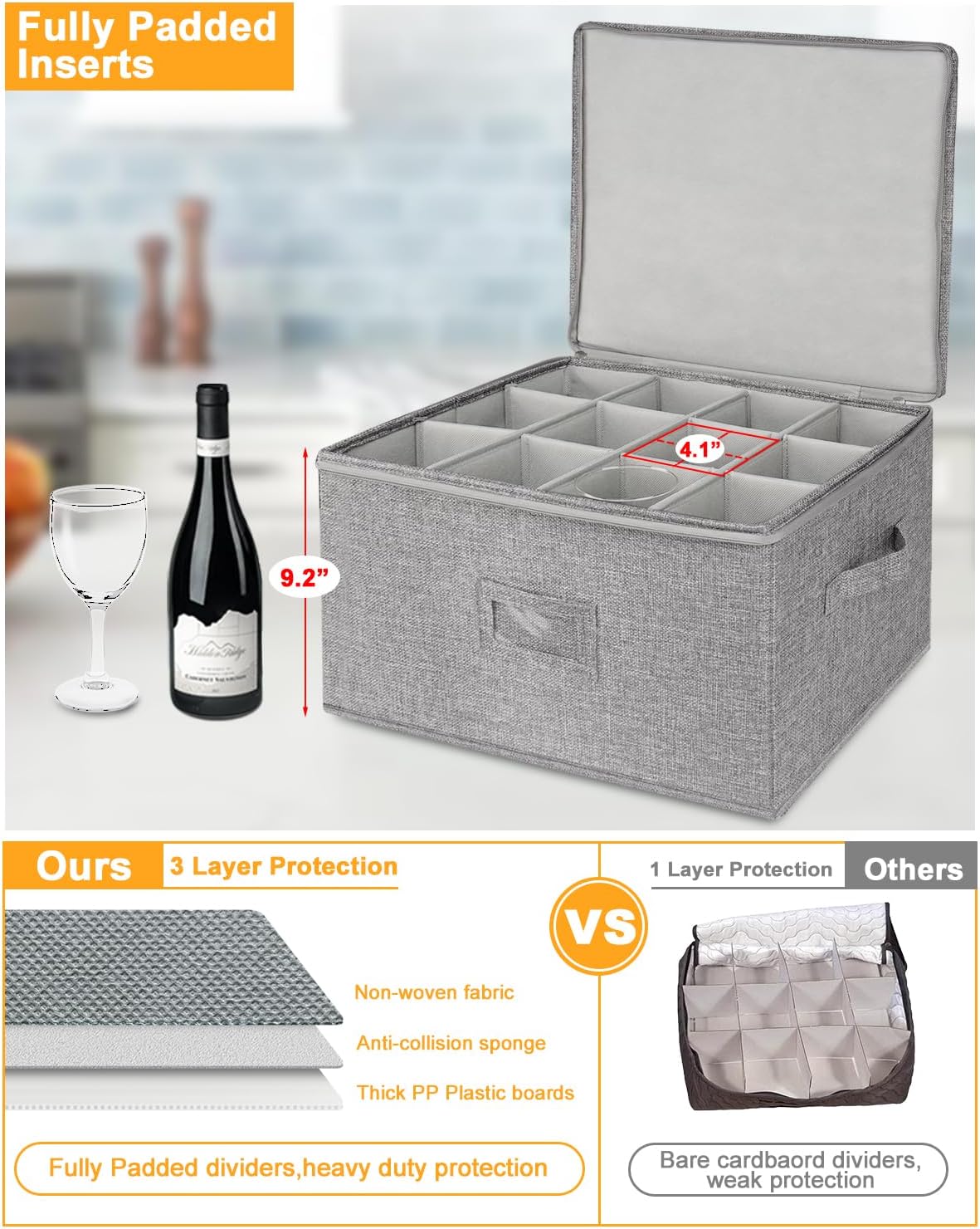 punemi Wine Glass Storage Box, Glassware Storage Containers w/Hard Shell Side Bottom Support & Padded Dividers, Stackable Stemware Storage Case for 24 China Crystal Glasses Drinkware, Moving Supplies