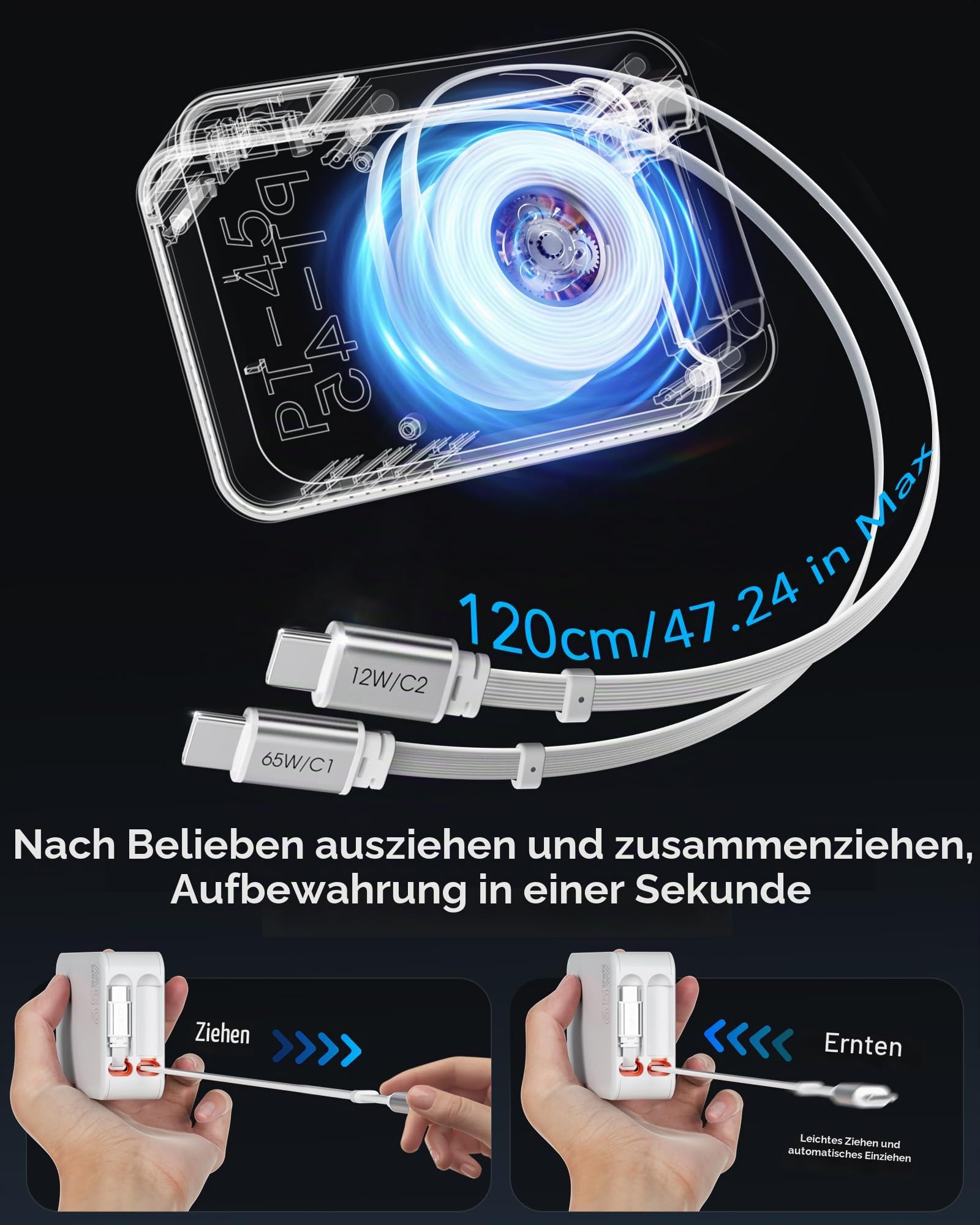 SPGUARD 5-in-1 Einziehbares Ladegerät 65W mit 2 Ausziehbares Kabel 120CM