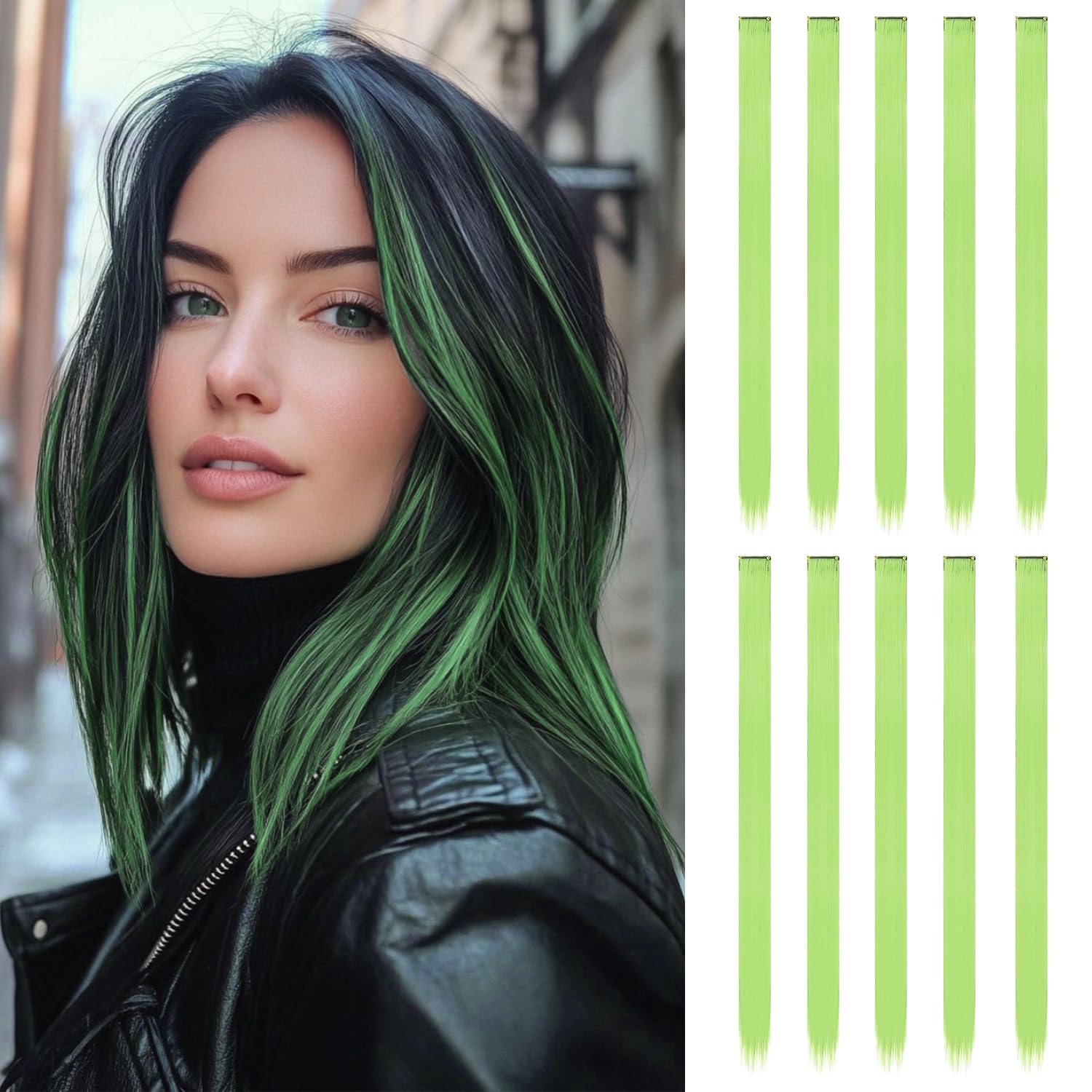 10 Pcs Coloured Hair Extensions, Light green, 55 cm